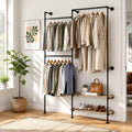 KaKaBB Industrial Pipe WallMounted Clothing Rack with Double Hanging Rods & Shelves  Heavy Duty Storage for Wardrobe, Bedroom,