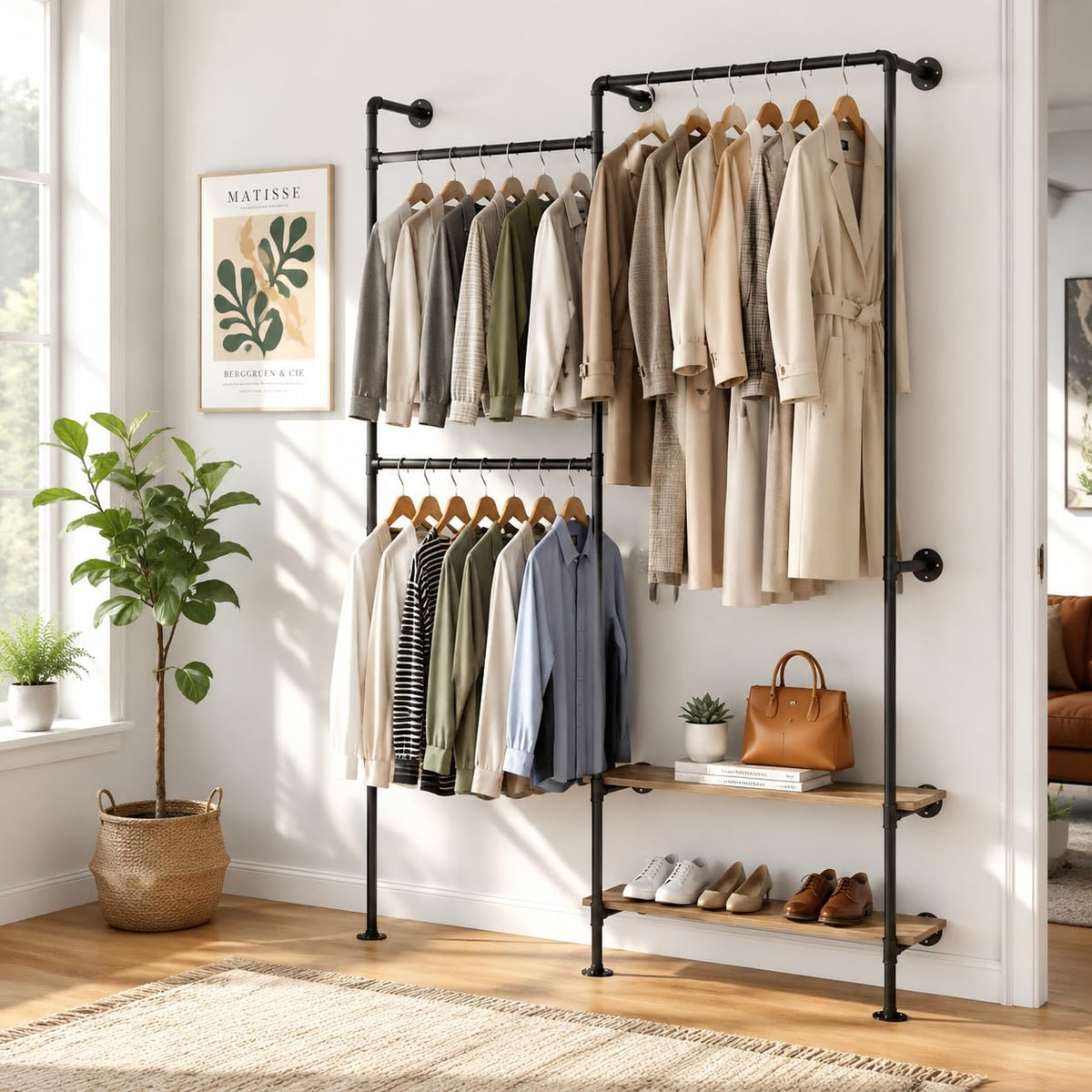 KaKaBB Industrial Pipe WallMounted Clothing Rack with Double Hanging Rods & Shelves  Heavy Duty Storage for Wardrobe, Bedroom,