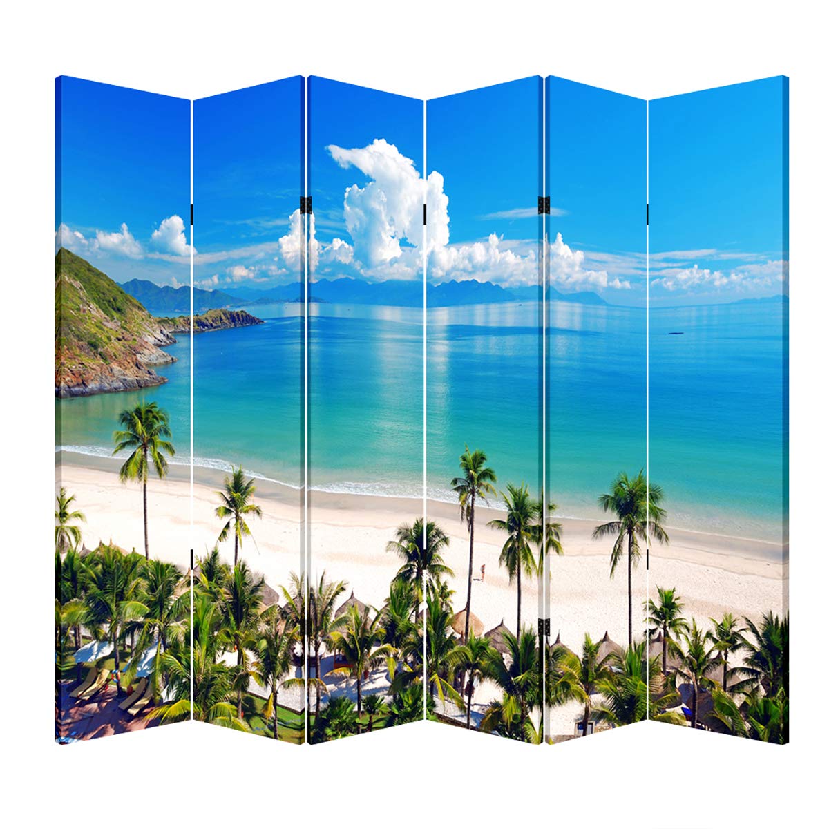 TOA 6 Panels Privacy Screen Room Divider Partition with Beach Huts Canvas, Water Resistant for Living Room, Bathroom, Home Offic