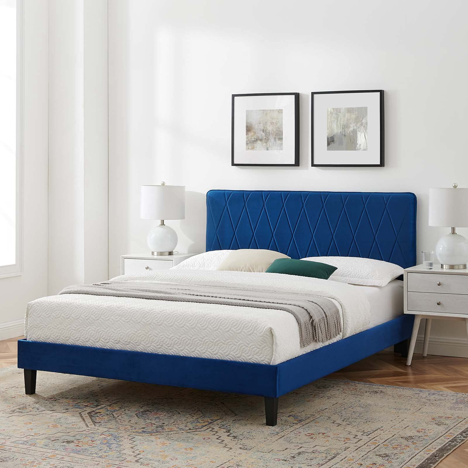 Modway Phillipa Performance Velvet King Platform Bed in Navy with Black Wood Legs