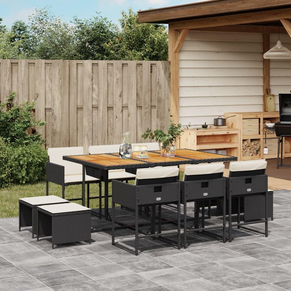 vidaXL - 11 Piece Black Patio Dining Set - PE Rattan - with Cushions - Outdoor/Garden/Backyard - Acacia Wood Table - Space-Saving Design
