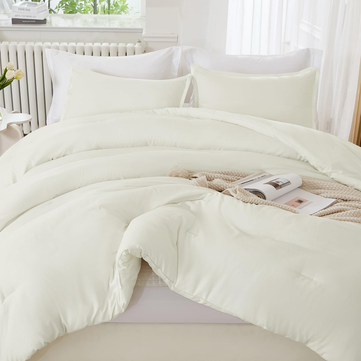 Litanika Ivory Comforter Set Queen Size, 3 Pieces Lightweight Solid Bedding Comforter Set, All Season Fluffy Bed Set (90X90In Co