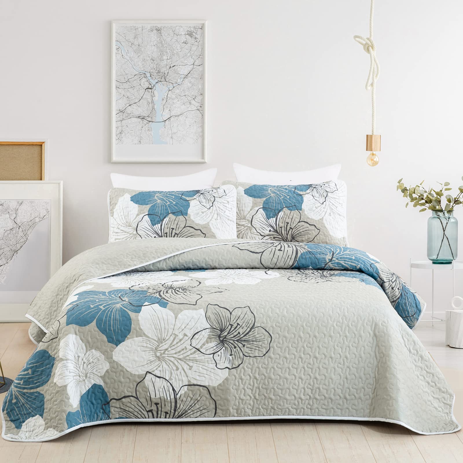 Djy 3 Pieces Quilt Set King Blue Floral Pattern Quilt Coverlet Elegant Bohemian Bedspread With 2 Pillow Shams Soft Lightweight B