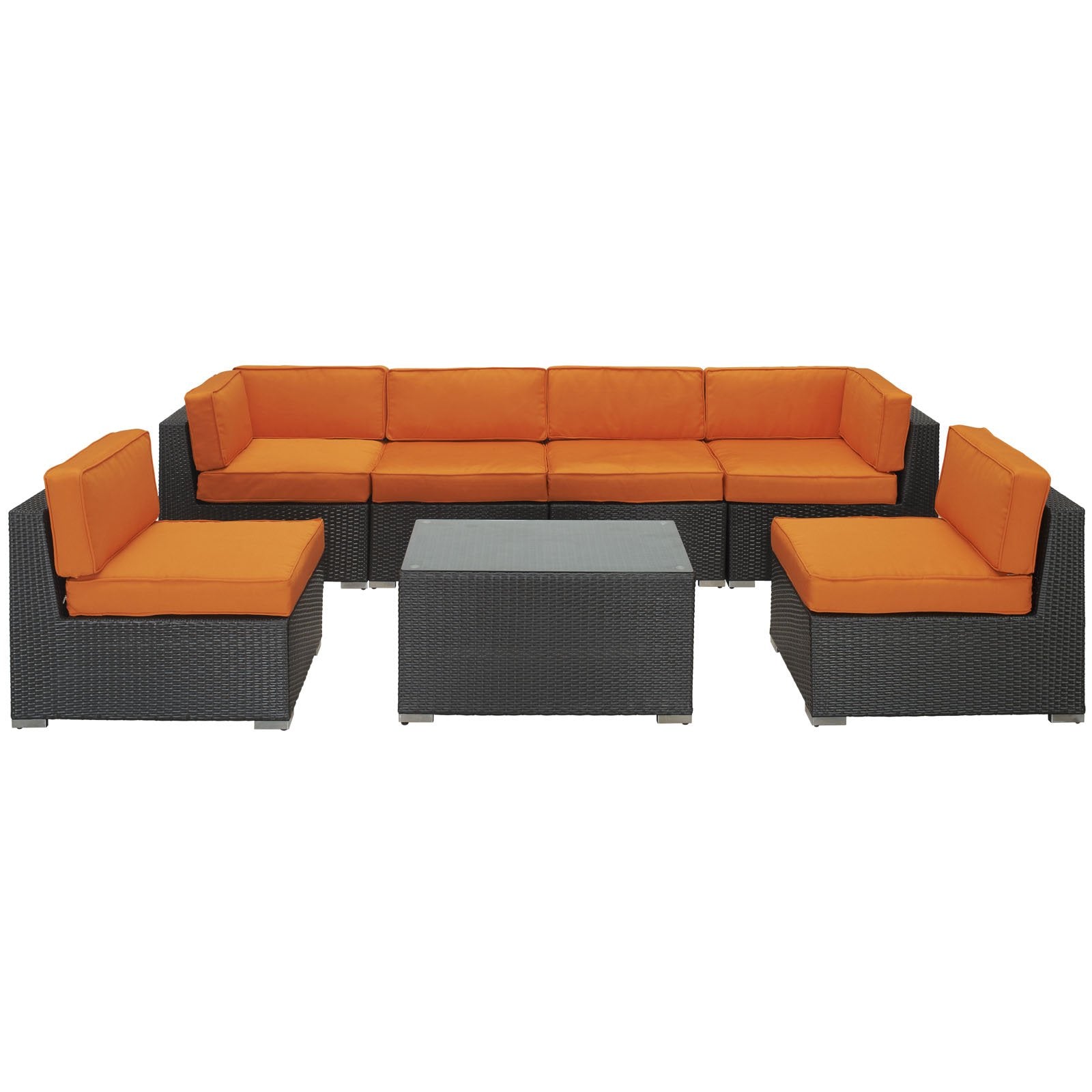 Lexmod Aero Outdoor Wicker Patio 7-Piece Sectional Sofa Set In Espresso With Orange Cushions