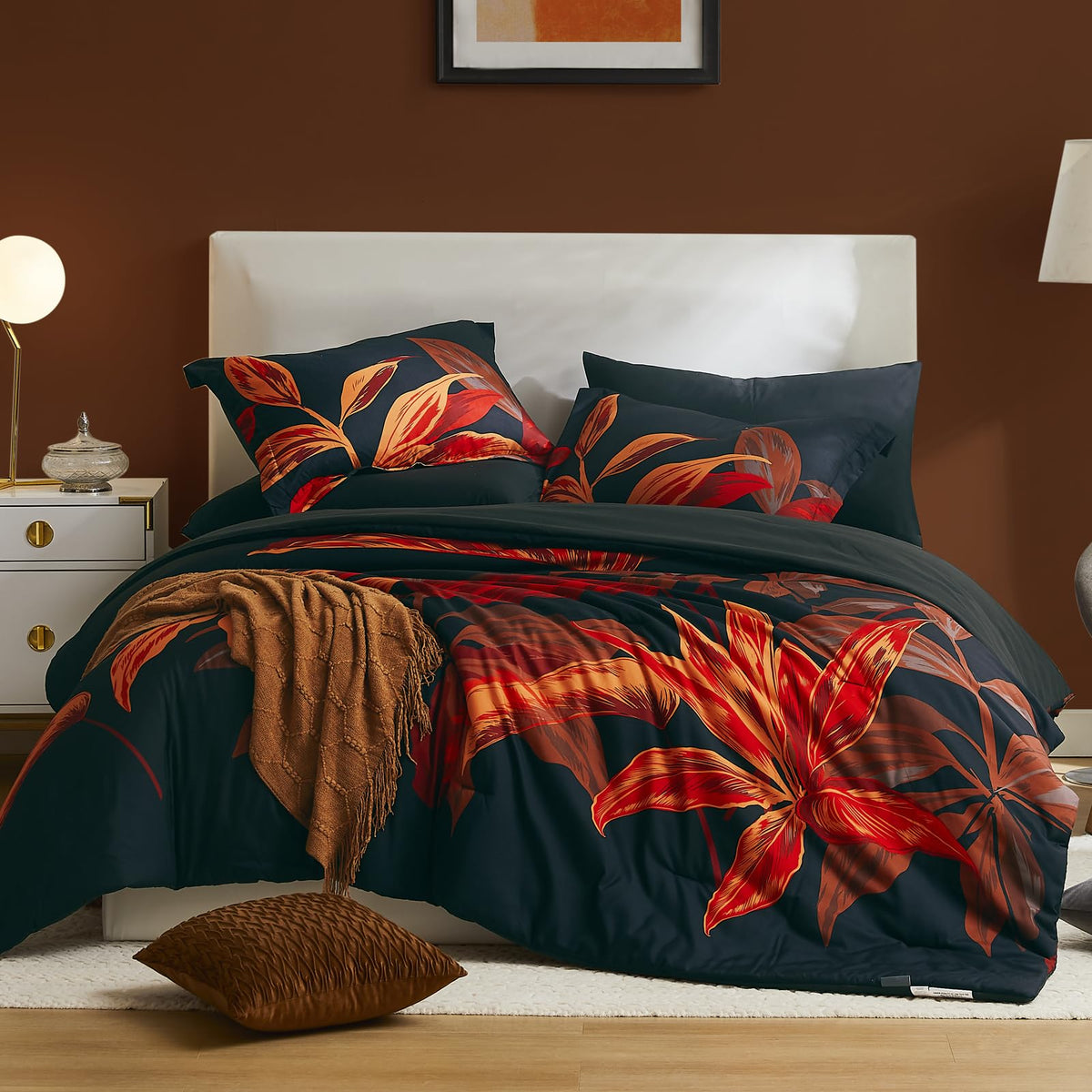 Wrensonge Twin Comforter Set, 5 Pieces Black Red Floral Comforter Set With Sheets, Red Leaf Bedding Set, Twin Bed In A Bag, Soft