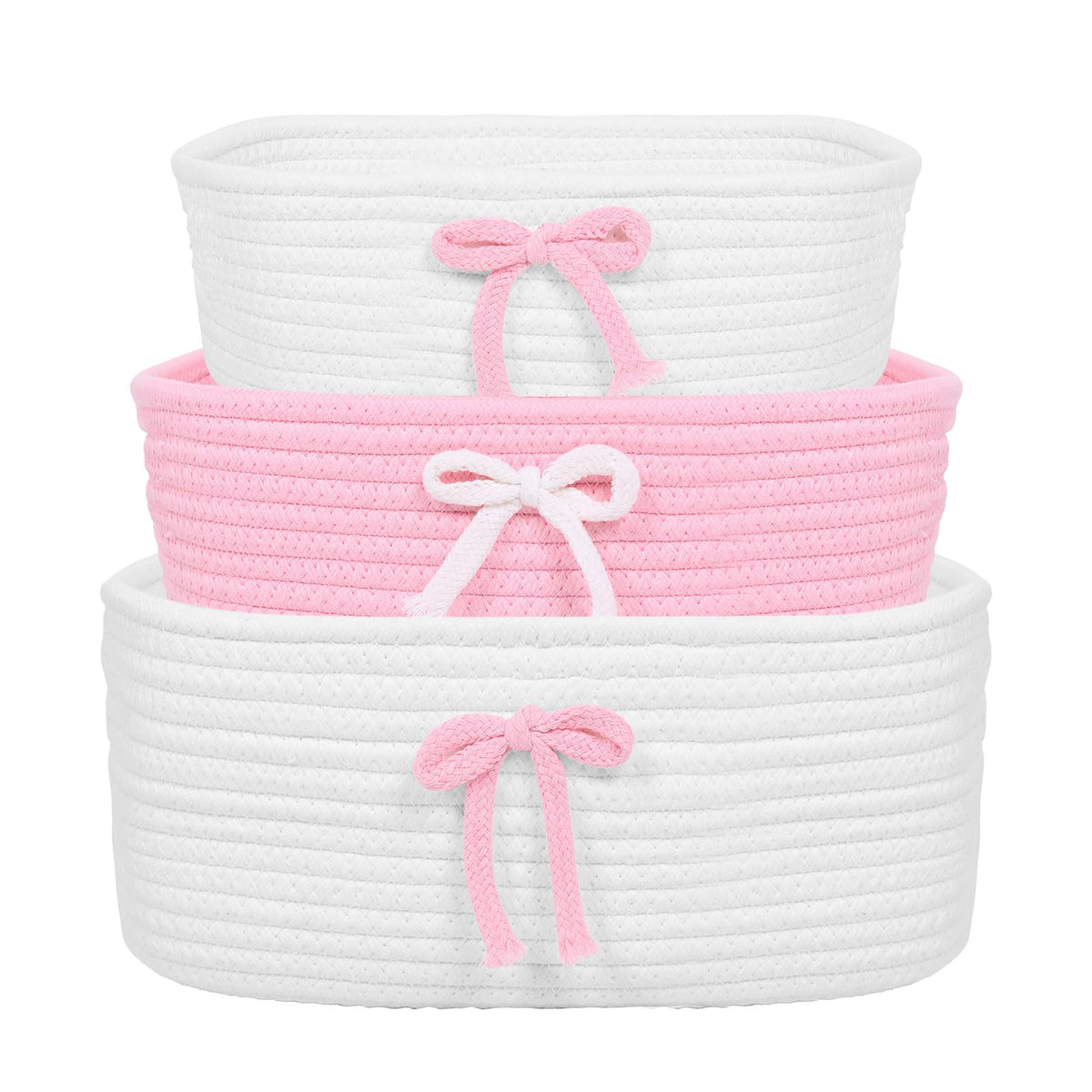 XYTZHSAI 3Pcs Pink Bow Baskets , Coquette Woven Cotton Rope Storage Baskets with Handles, Cute Ribbon Decorative Laundry Hamper 