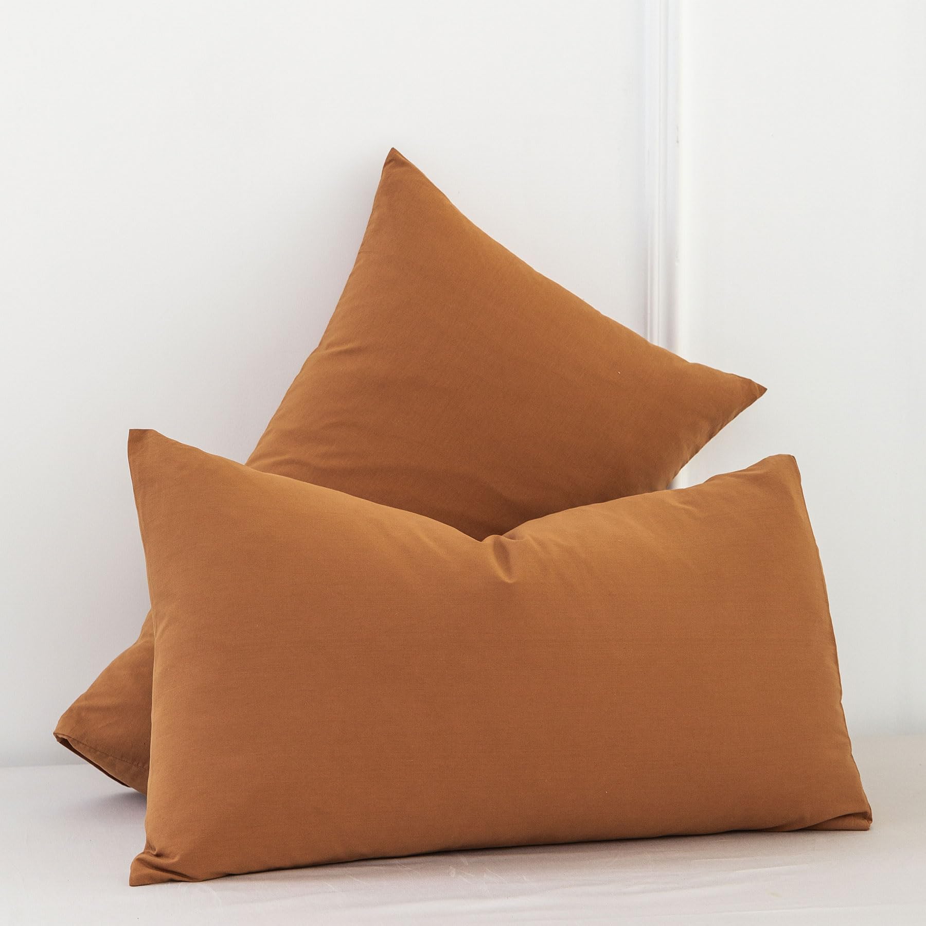 Moomee Bedding Pillowcases Pack Of 2 100% Washed Cotton Linen Like Textured Breathable Durable Soft Comfy (Dark Orange, King)