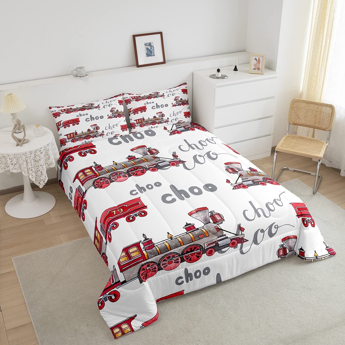 Feelyou Cartoon Car Bedding Set Kids Train Comforter Set Boys Girls Choo-Choo Rail Roads Tracks Decor Comforter Microfiber Train