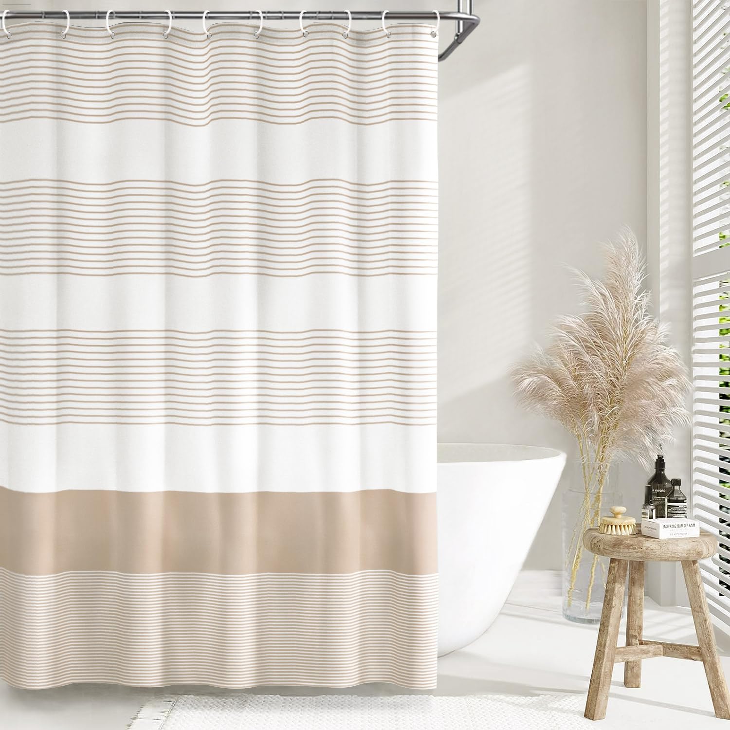 Awellife Boho Shower Curtain For Bathroom Stripe Shower Curtain 72 X 72 Inches Farmhouse Linen (Beige)