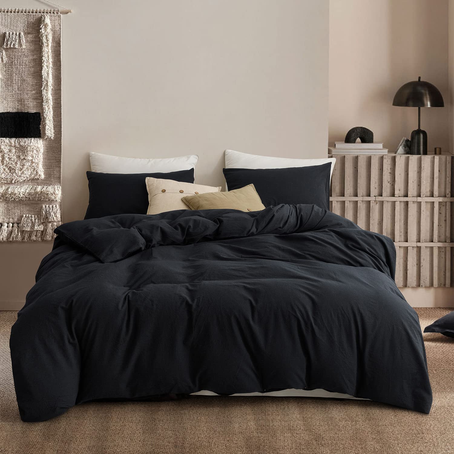 Ecocott 3 Pieces Duvet Cover Set Queen 100% Washed Cotton 1 Duvet Cover With Zipper And 2 Pillowcases, Ultra Soft And Easy Care
