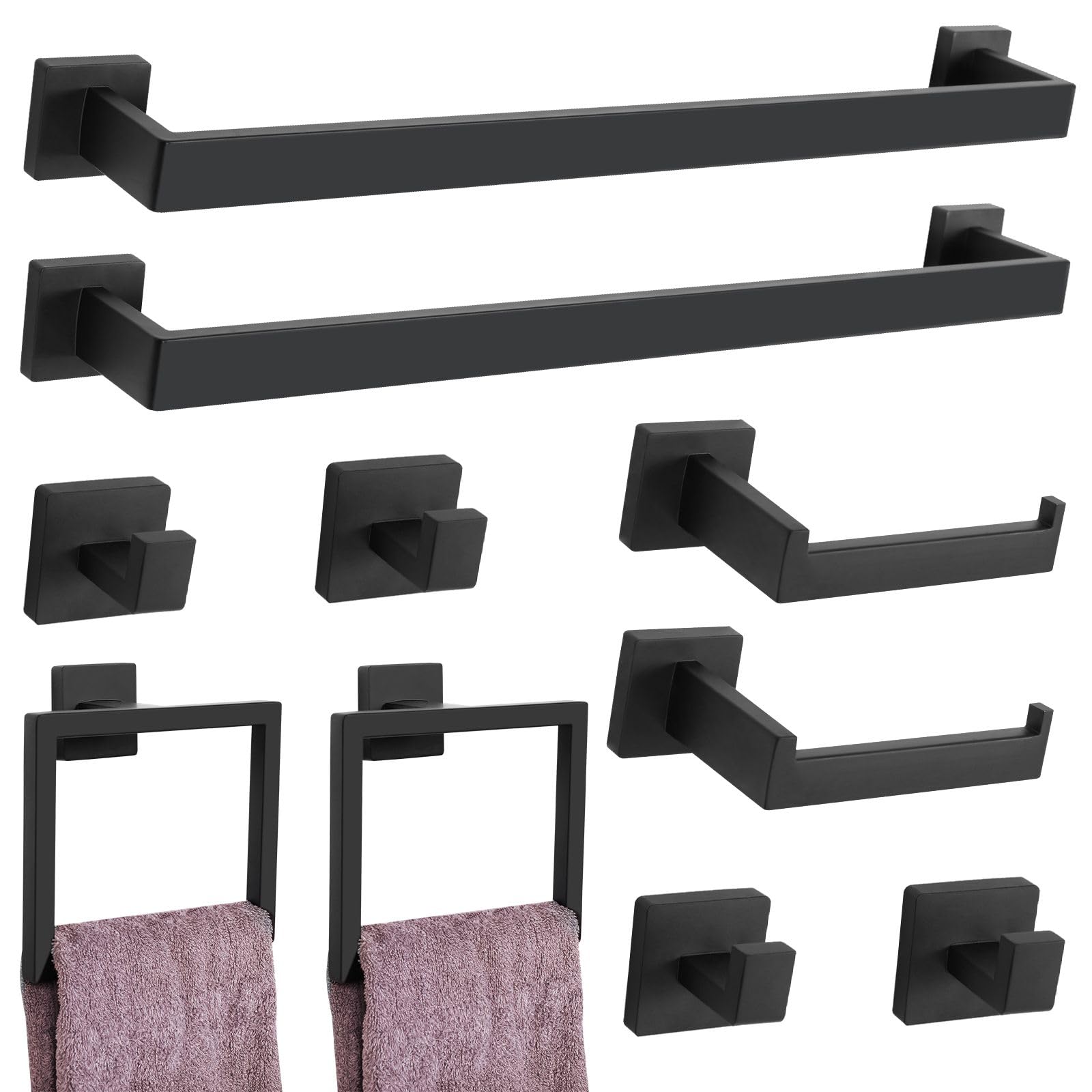 Matte Black Bathroom Hardware Accessories Set 10-Piece Towel Bar Set Bath Towel Holder Set Stainless Steel Wall Mounted Towel Ra