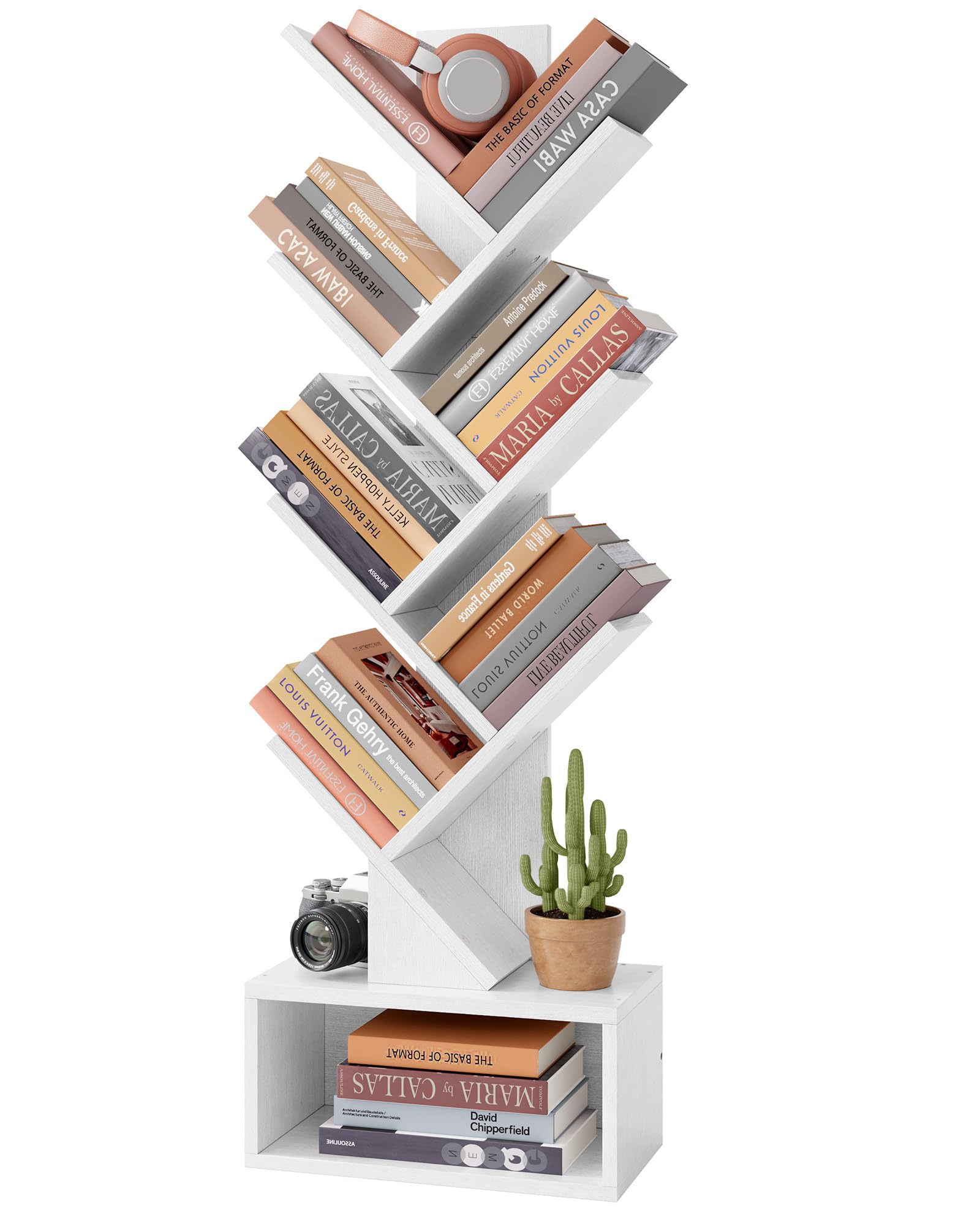 Hoctieon 6 Tier Tree Bookshelf, Tall Bookcase With Drawer, Freestanding Book Shelf, Display Floor Standing Storage Shelf, Book Organizer Shelves For Home Office, Living Room, Bedroom, White