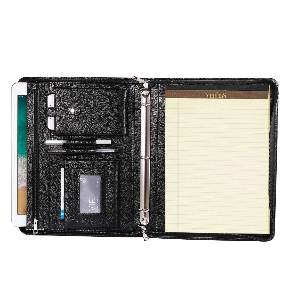 Professional Leather Business Padfolio Portfolio Case, 3 Ring Binder,Zippered Business Document Organizer Tablet Holder Folder C
