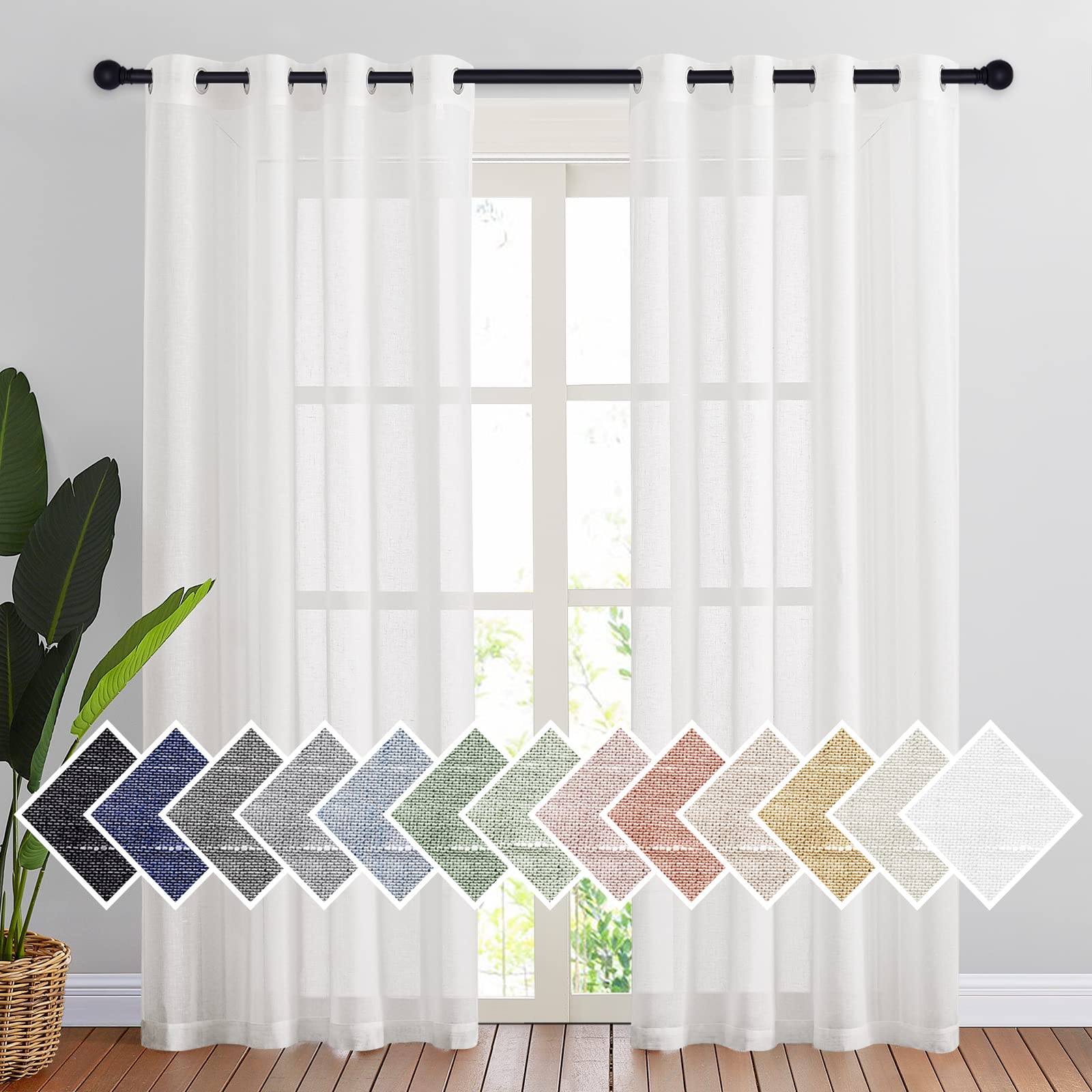 Nicetown White Sheer Linen Curtains For Living Room 84 Inch Length 2 Panels Set, Grommet Semitransparent Balance Privacy & Light