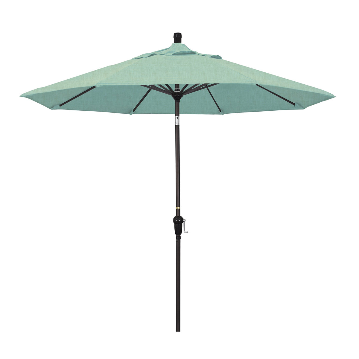 California Umbrella 9' Round Aluminum Market Umbrella, Crank Lift, Auto Tilt, Bronze Pole, Sunbrella Spectrum Mist