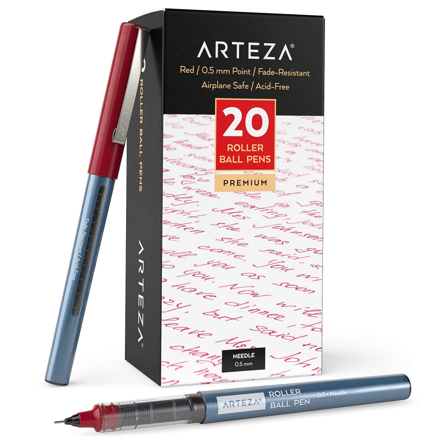 Arteza Rollerball Pens, Set Of 20 Red Liquid Ink, Extra Fine Point, 0.5 Mm, Needle Tip Pen For Writing, Notetaking, Drawing, Off