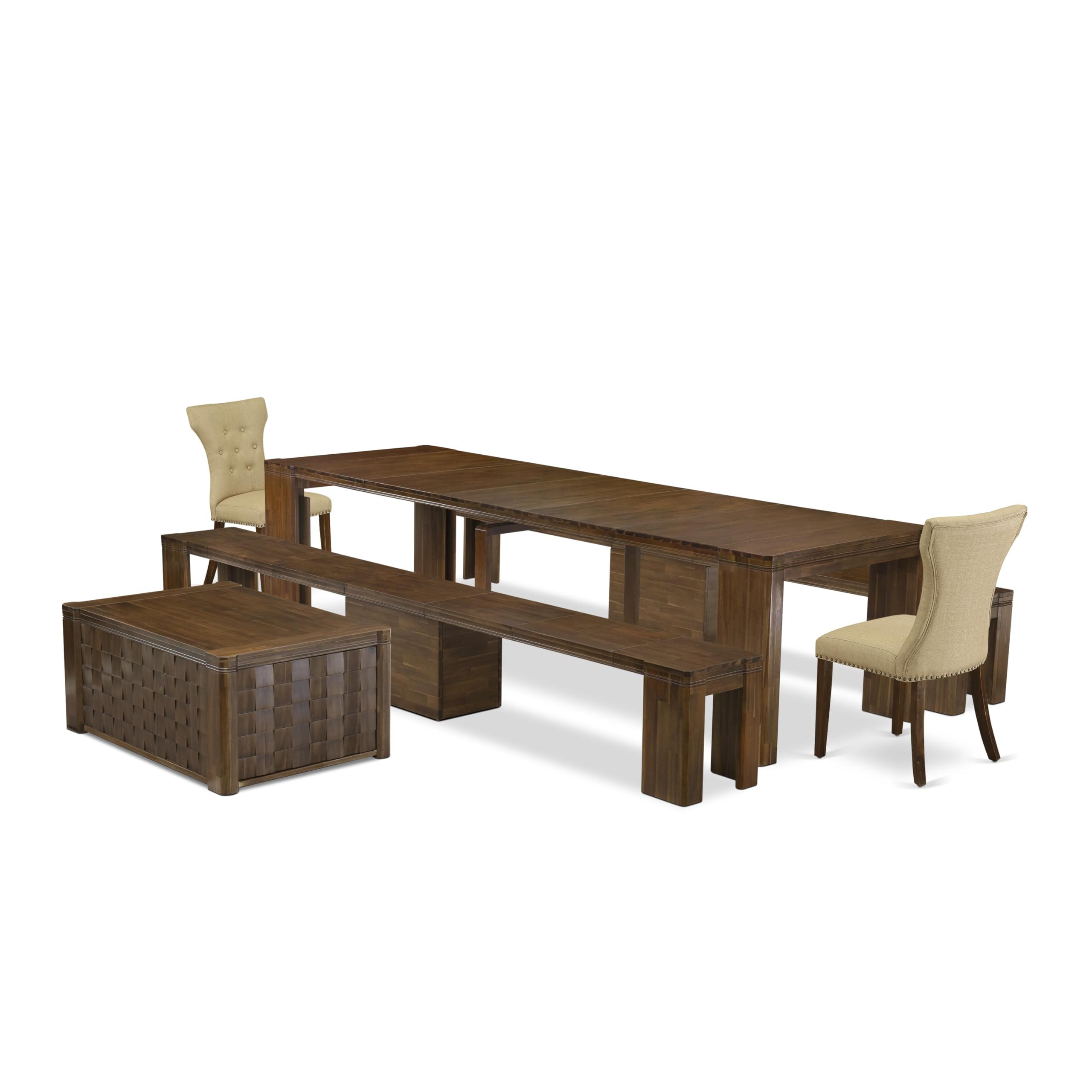 Luxe by East West Furniture - X02GA-2C8-03 - 6 Pieces Dining Table Set includes an Extendable Rectangle Kitchen Table, 1 Coffee Table, 2 Dining Chairs and 2 Benches, 39x120 Inch, Antique Walnut