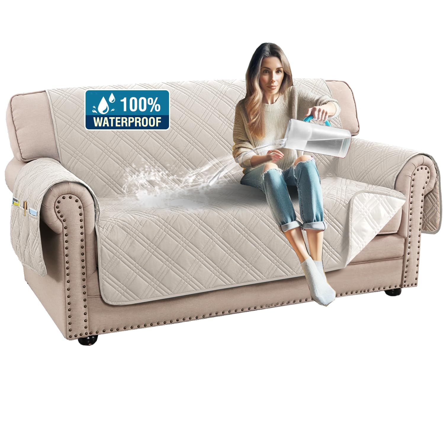 H.Versailtex 100% Waterproof Couch Cover 2 Cushion Sofa Modern Sofa Covers Waterproof And Washable Thick Soft Couch Cover For Dogs With Elastic Straps (Loveseat, French Oak/Beige)