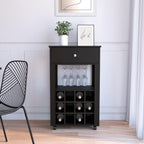 Margh Bar Cart, 12 Wine Cubbies, Drawer, Glass Rack, Caster Wheels, Black