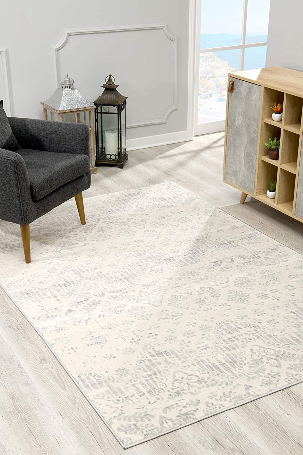 HomeRoots 100% Polypropylene 2’ x 6’ Ivory Distressed Ikat Pattern Area Rug