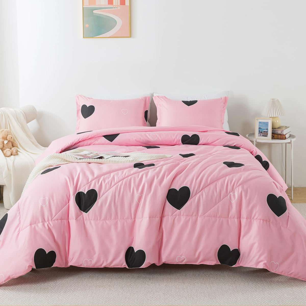 Caressma Blush Pink Love Comforter Set King Size, Cute Heart Pattern Bedding Comforter For Girls Women, 3 Pieces Soft Microfiber