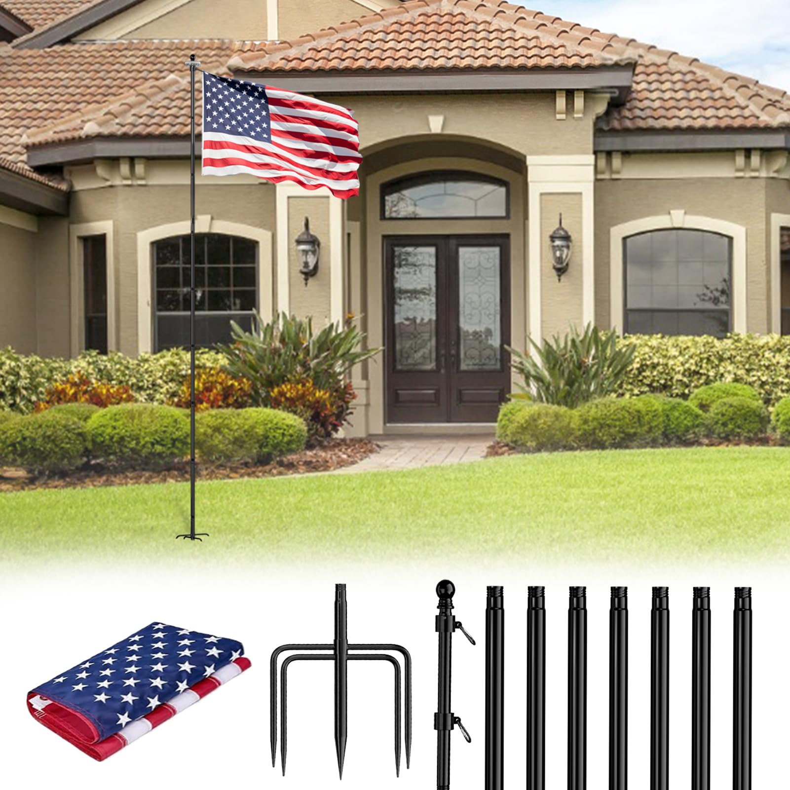 Zmtech 10 Ft Flag Pole With American Flag In Ground, Extra Thick Flag Pole Kit For Yard,Windproof Ground Flag Poles For Outside