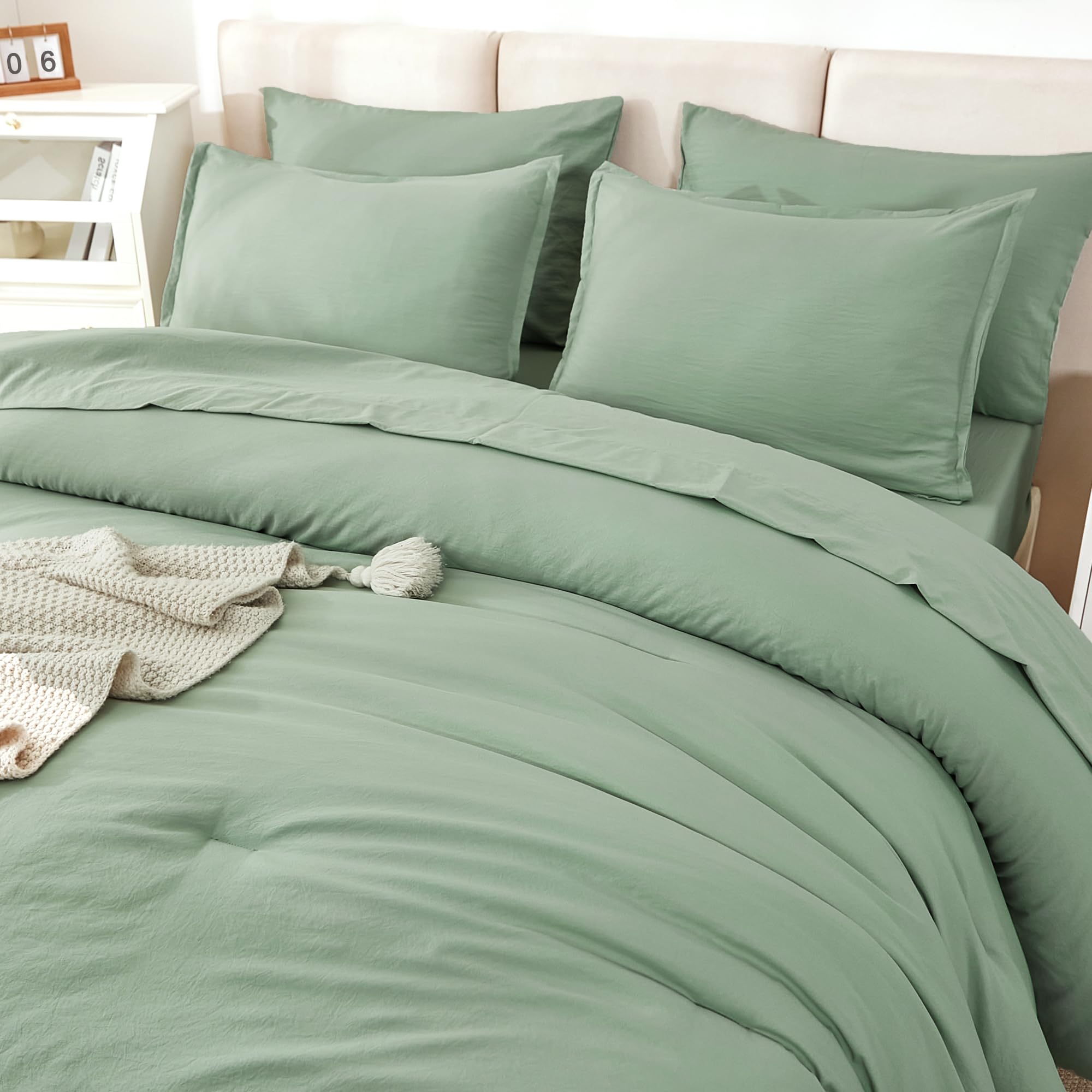 Litanika Comforter Queen Size Set Sage Green - 7 Pieces Bed In A Bag Queen Beddding Comforter Sets, Plain Lightweight Bed Set Wi