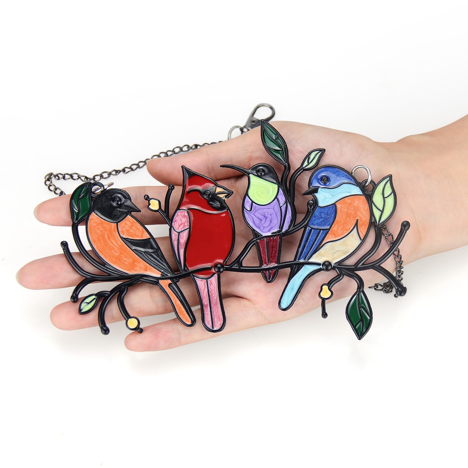 Cardinal Stained Glass Birds On Branch Hummingbird Suncatcher Sun Catchers Indoor Window Hangings, Metal, Painted