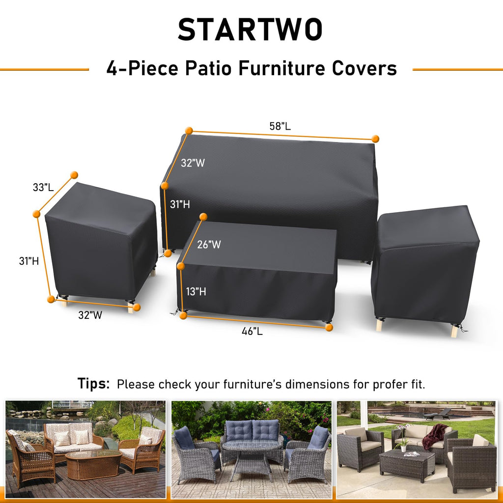 Startwo Heavy Duty 600D Patio Furniture Covers 4-Piece Set For Loveseat 58In, Chairs 33In, Coffee Table 46In, Outdoor Waterproof, Black