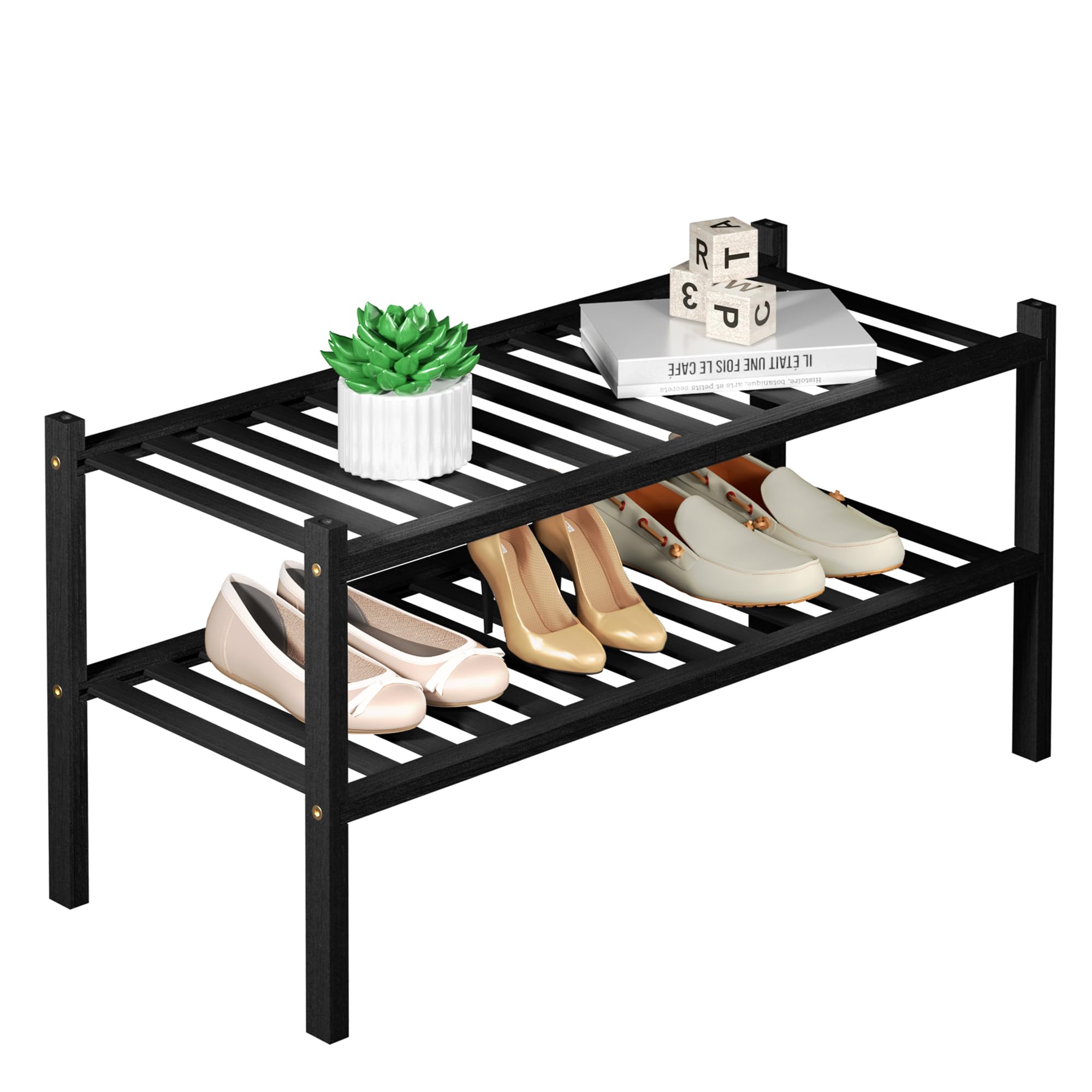 Romguar Craft 6-Tier Bamboo Small Shoe Rack, Free Standing Wood Shoe Shelf Storage Organizer For Closet Entryway Stackable (Black)