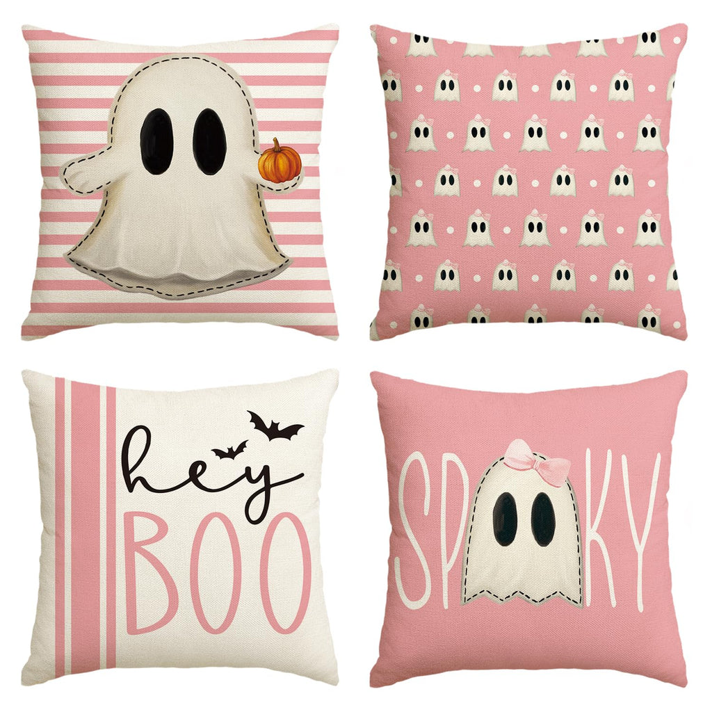 AVOIN colorlife Halloween Hey Boo Cute Ghost Spooky Pink Throw Pillow Covers, 18 x 18 Inch Horror Scary Cushion Case for Sofa Co