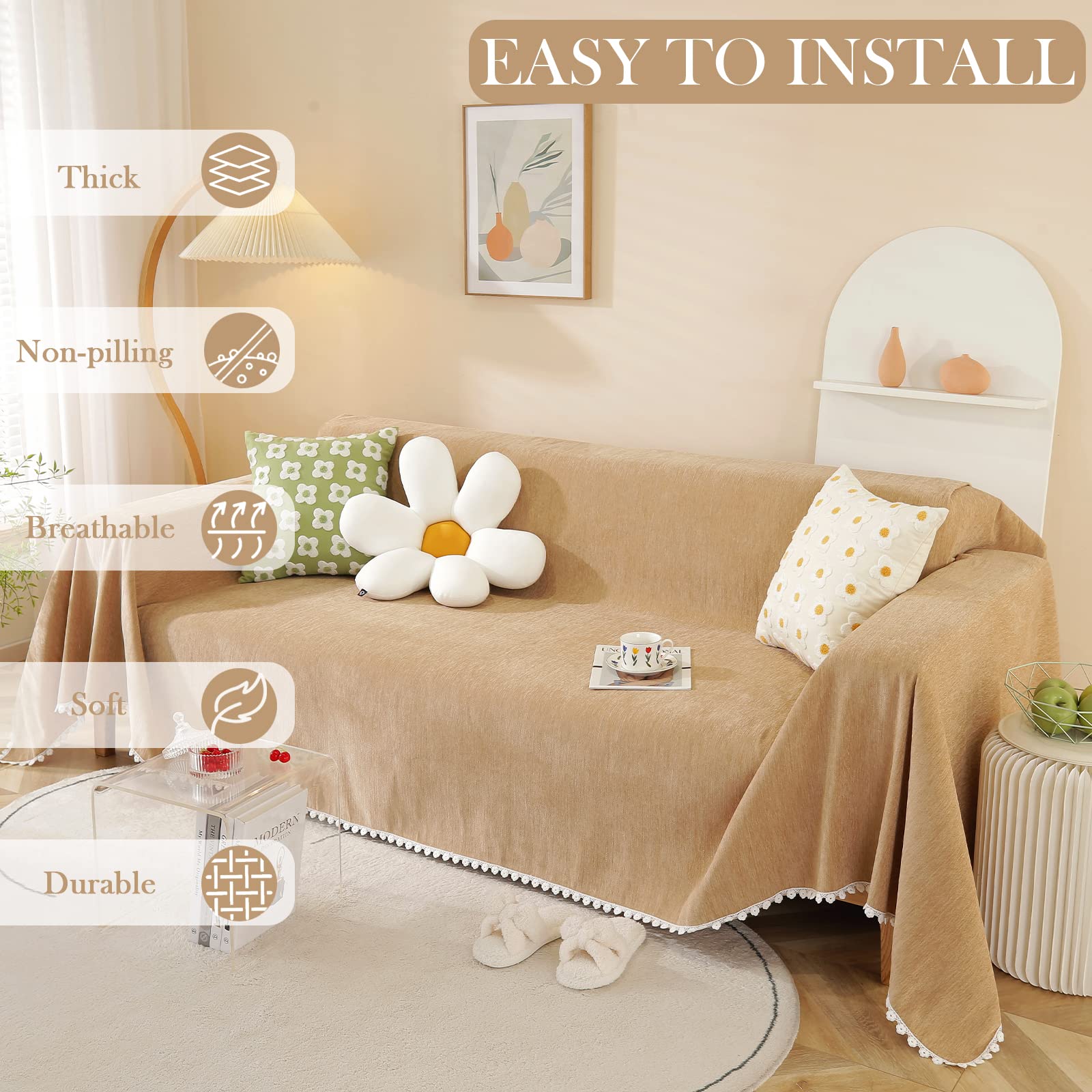 Handontime Khaki Loveseat Covers Couch Cover For Dogs Cats Solid Sofa Covers For 3 Cushion Couch Machine Washable Couch Covers For Sectional Sofa L Shape Chenille Sofa Slipcover Soft, 71' X150'