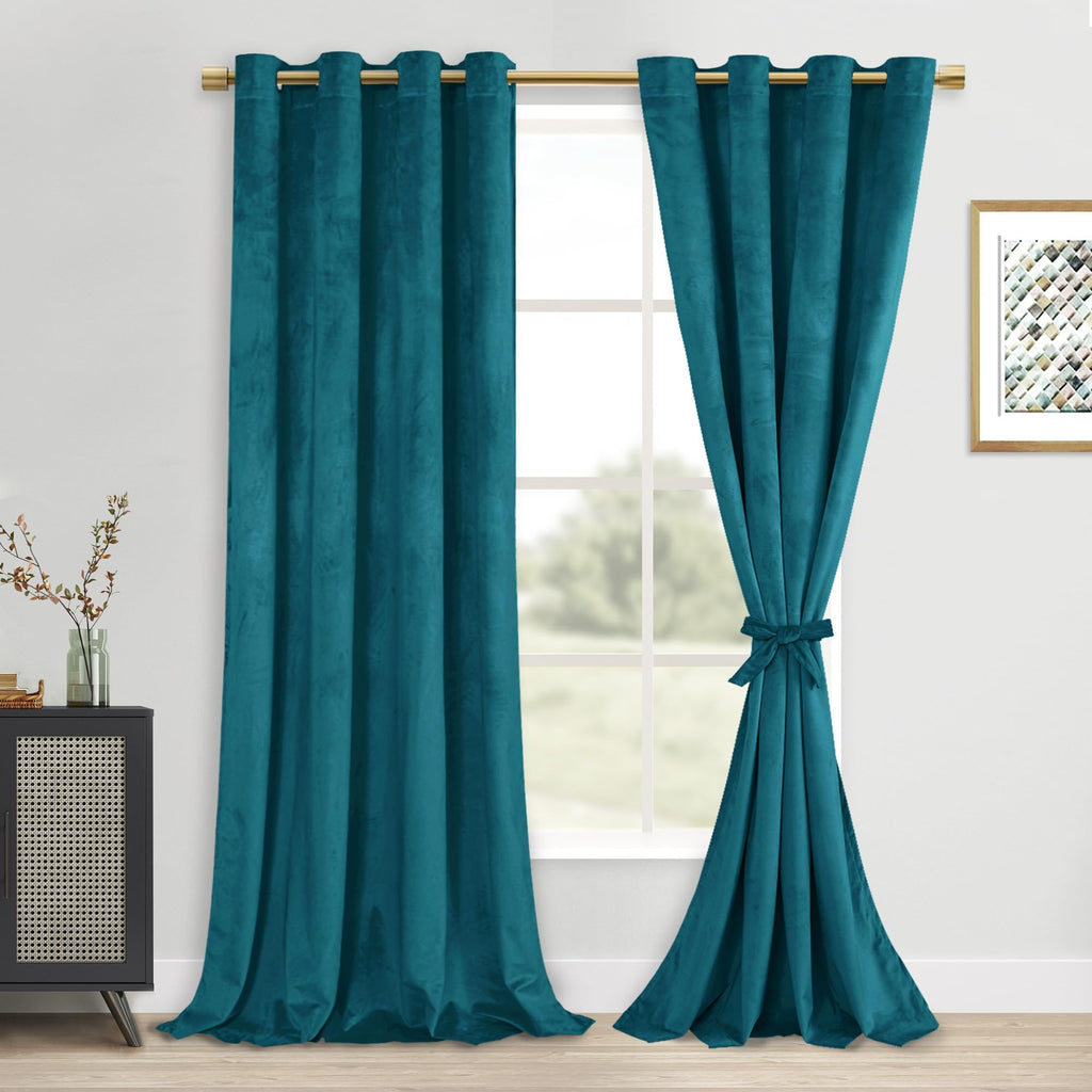 DWCN Teal Velvet Blackout Curtains - 90 Inches Long Tieable Window Curtains Panels Grommet Design Thick Fabric Thermal Insulated