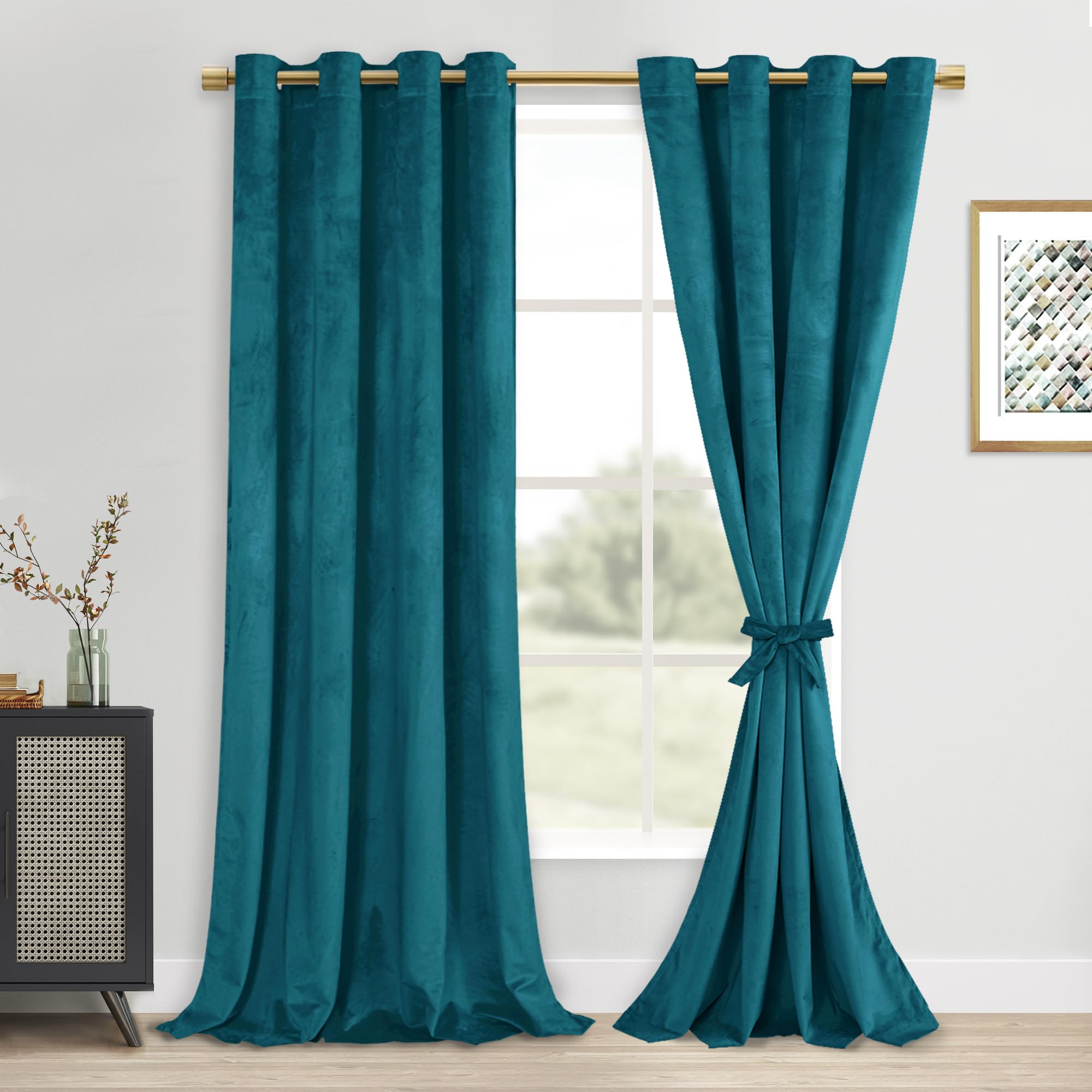 DWCN Teal Velvet Blackout Curtains - 90 Inches Long Tieable Window Curtains Panels Grommet Design Thick Fabric Thermal Insulated
