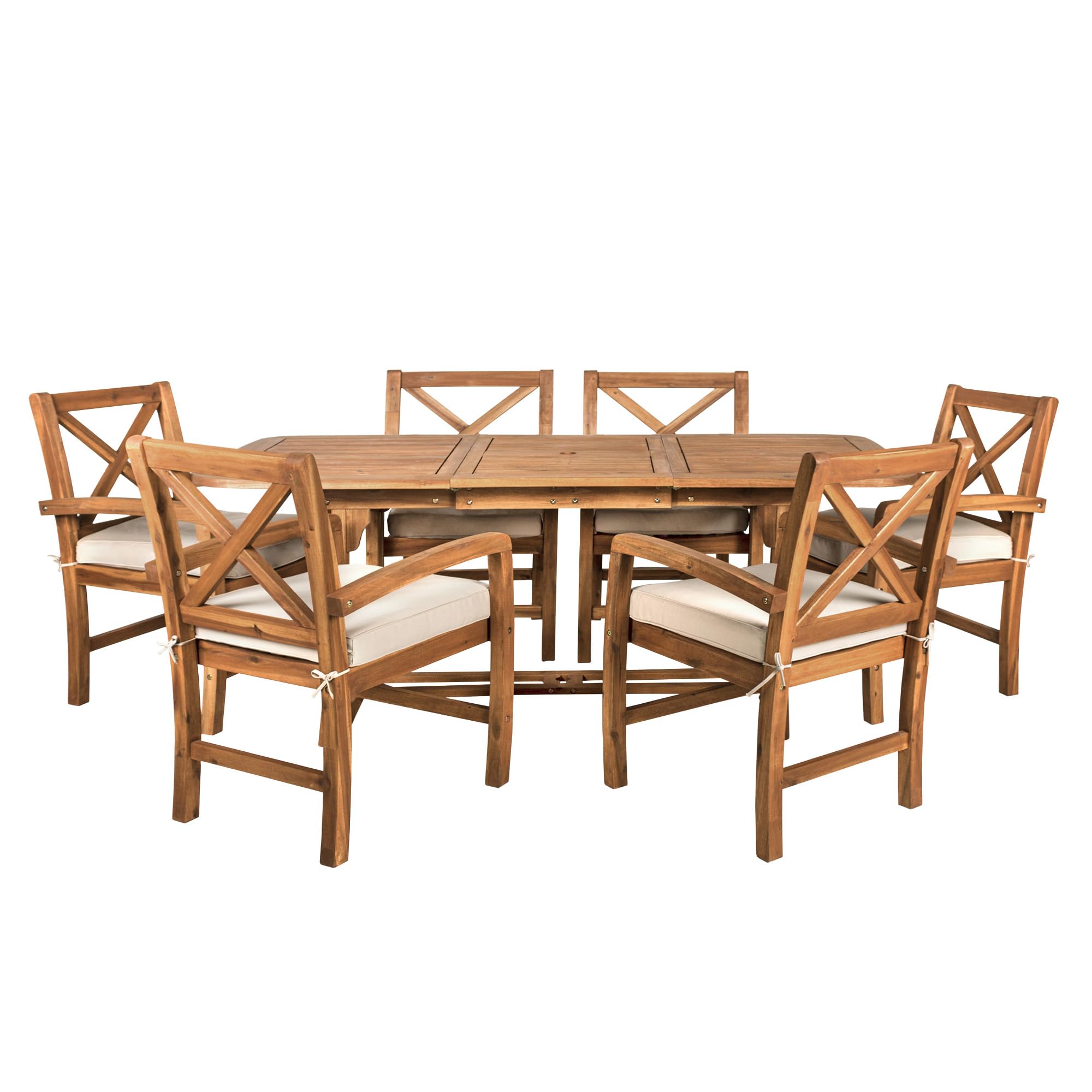 Walker Edison Maui Classic 7 Piece Acacia Wood Outdoor Dining Set With X Back Chairs, Set Of 7, Brown