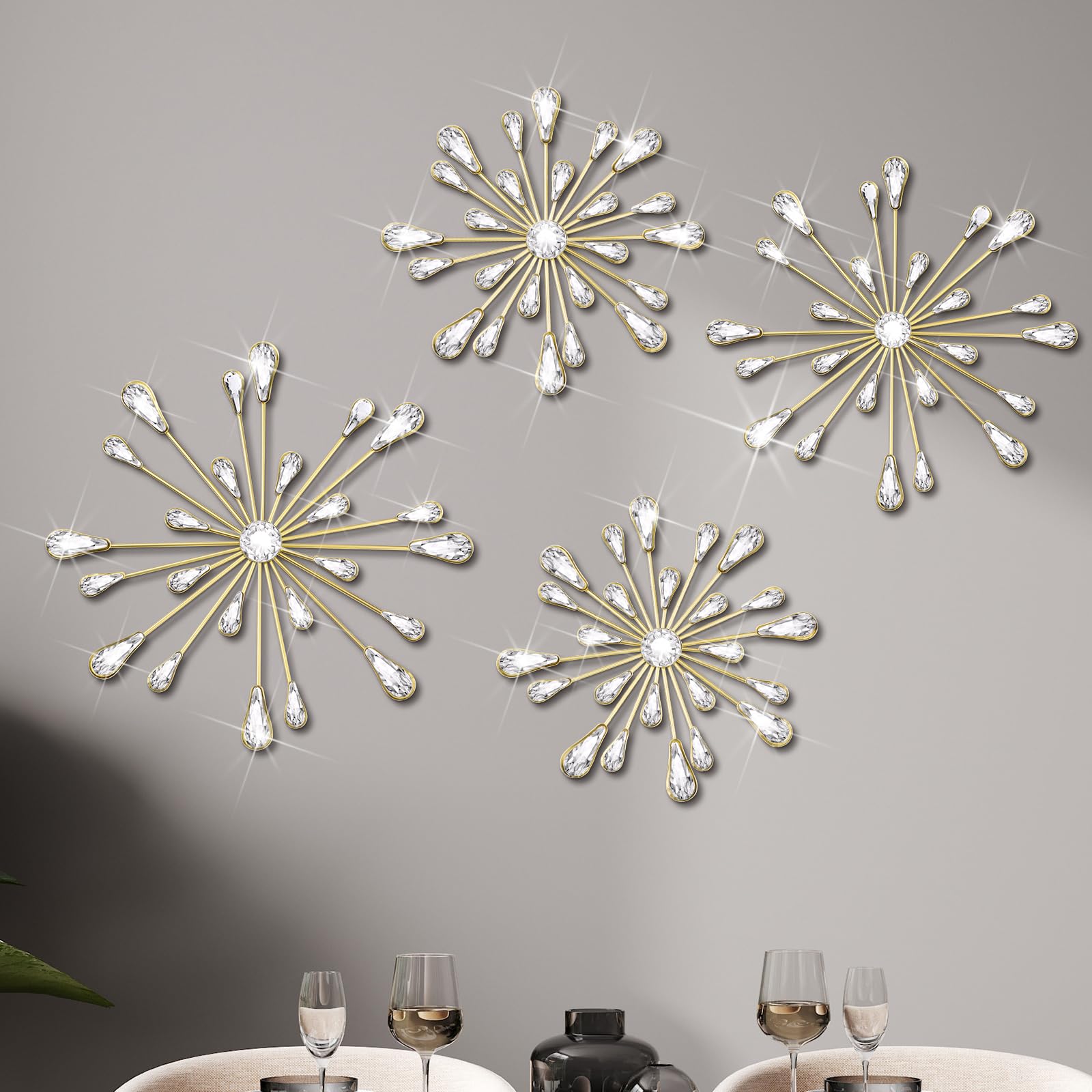 Hicarer 4 Pcs Starburst Wall Decor Wall Art Bling Crystal Teardrop 3D Hanging Rhinestone Radial Metal Artwork Modern Accent Scul