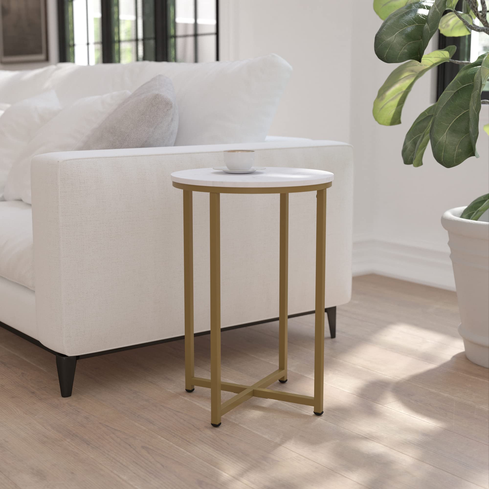 Flash Furniture Hampstead Collection End Table - Modern White Marble Finish End Table - Crisscross Brushed Gold Frame