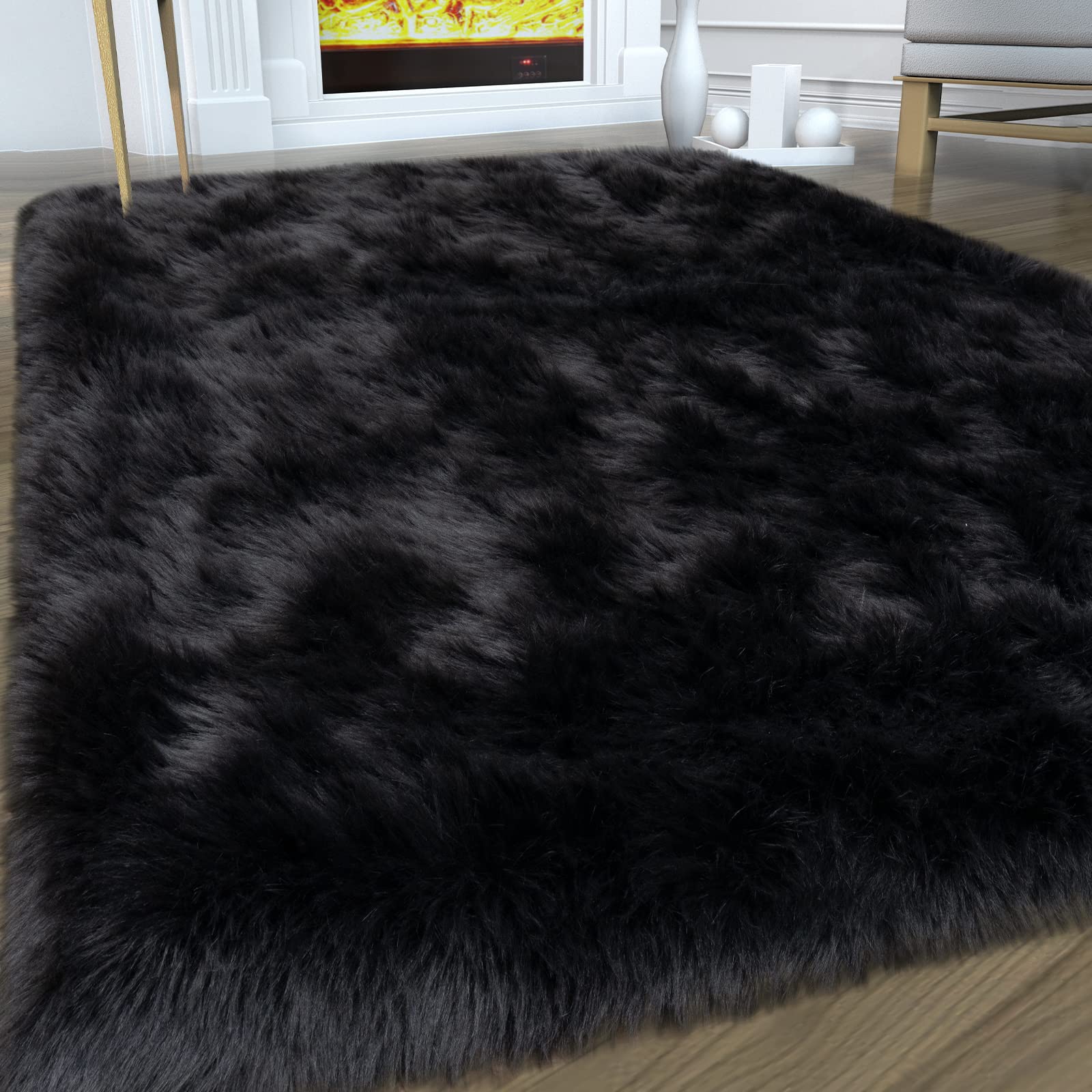 Faux Fur Area Rug, Black Fluffy Rugs for Bedroom Living Room, 4'x6' Soft Shaggy Fuzzy Rug for Nursery, Indoor Plush Floor Carpet