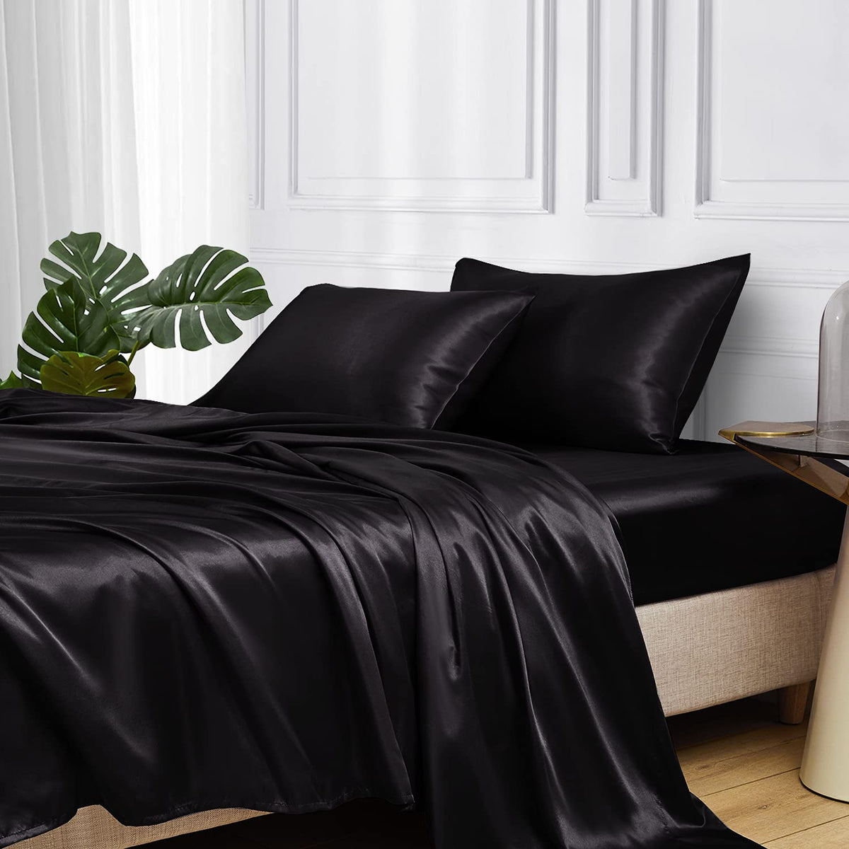 Mr&Hm Satin Bed Sheets, King Size Sheets Set, 4 Pcs Silky Bedding Set With 15 Inches Deep Pocket For Mattress (King, Black)