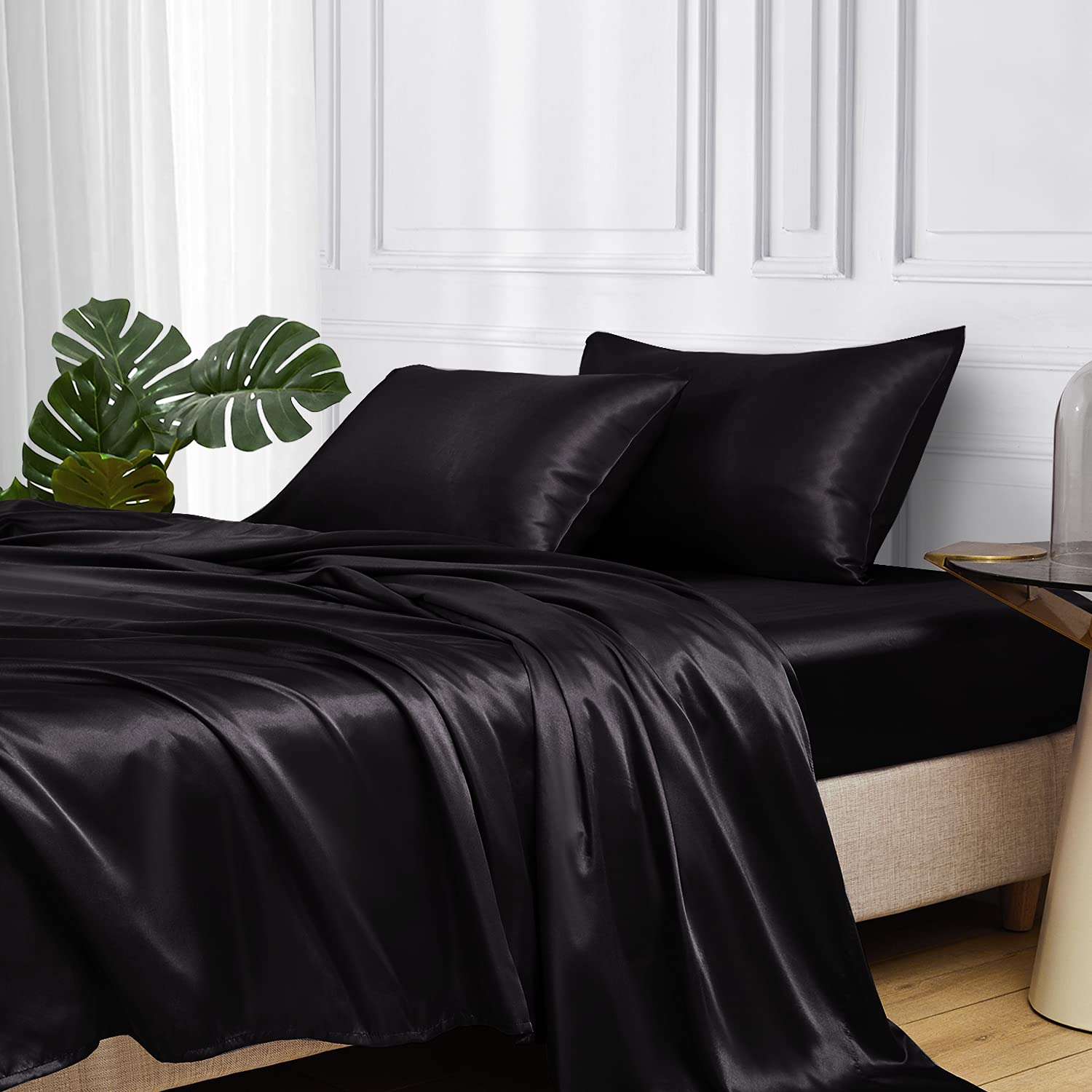 Mr&Hm Satin Bed Sheets, Queen Size Sheets Set, 4 Pcs Silky Bedding Set With 15 Inches Deep Pocket For Mattress (Queen, Black)