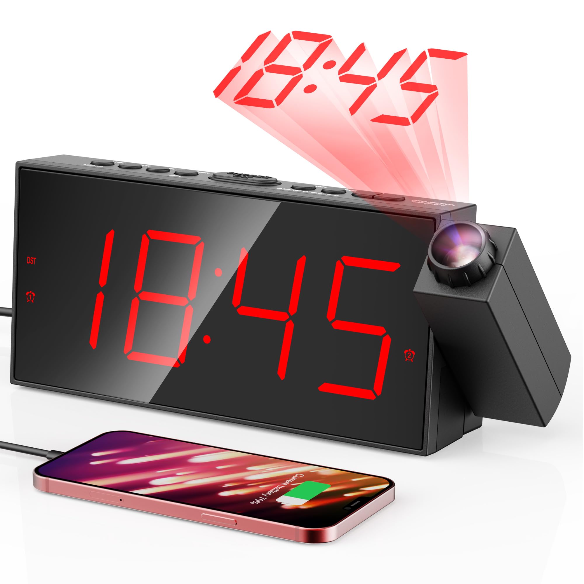Projection Alarm Clock, Digital Clock with 350 Rotatable Projector, 5-Level Brightness Dimmer, Clear LED Display, USB Charger, P