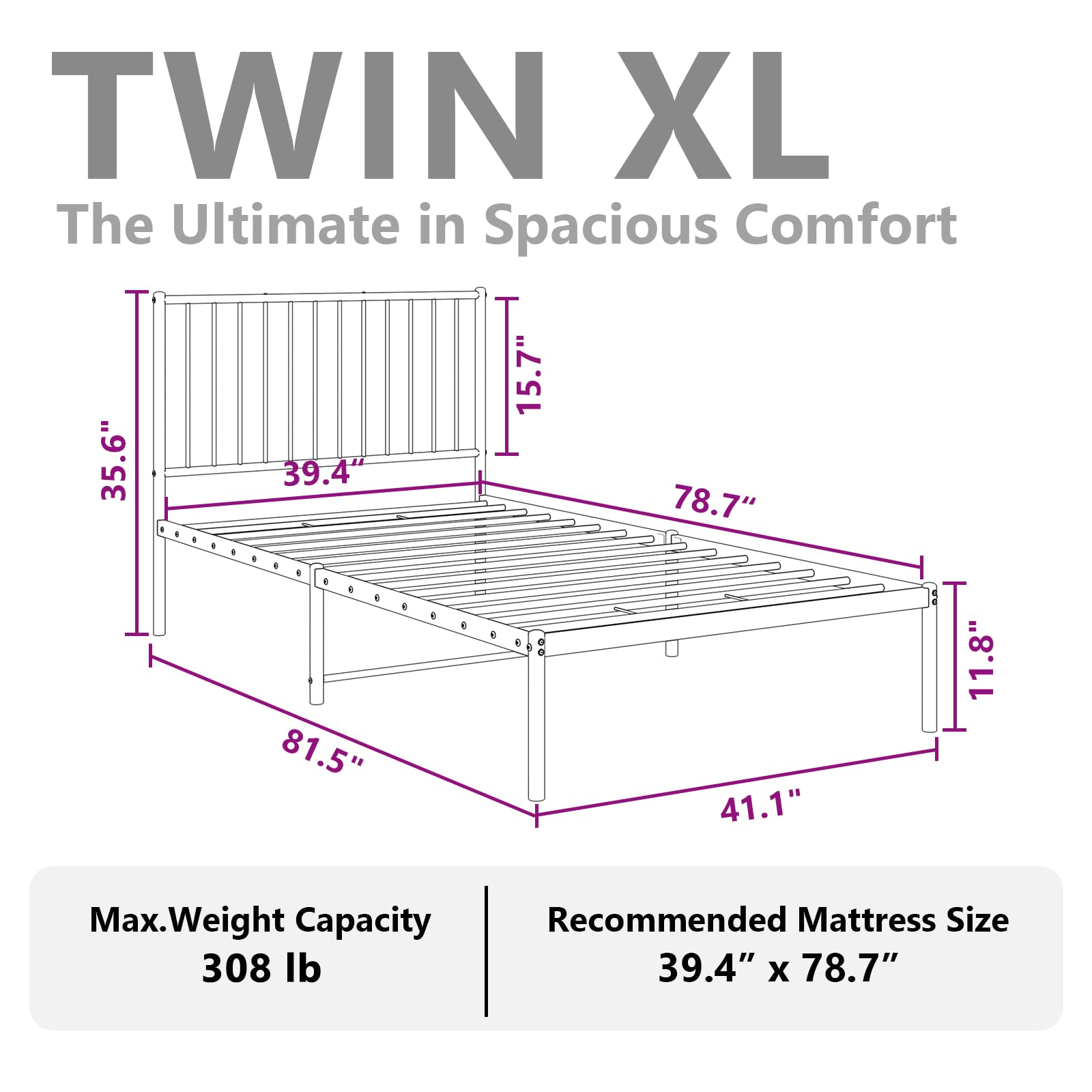 vidaXL 12-Inch White Metal Twin XL Bed Frame with Headboard, Heavy-Duty Construction with Under-Bed Storage for Modern Bedroom, No Box Spring Needed & Easy Assembly, No Mattress