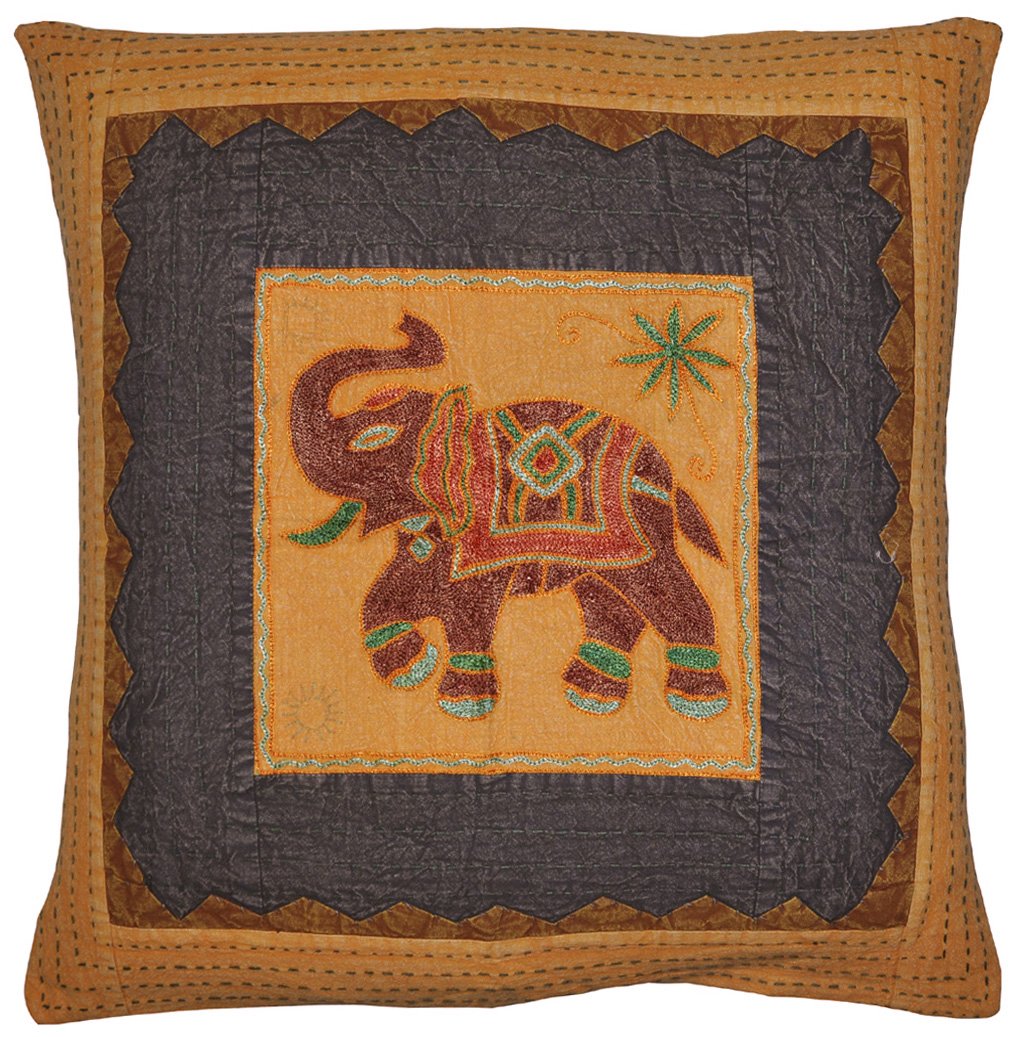 Lalhaveli Homewares Traditional Christmas Decoration Yellow Embroidered Elephant Design Single Cotton Cushion Cover 24 X 24 Inch