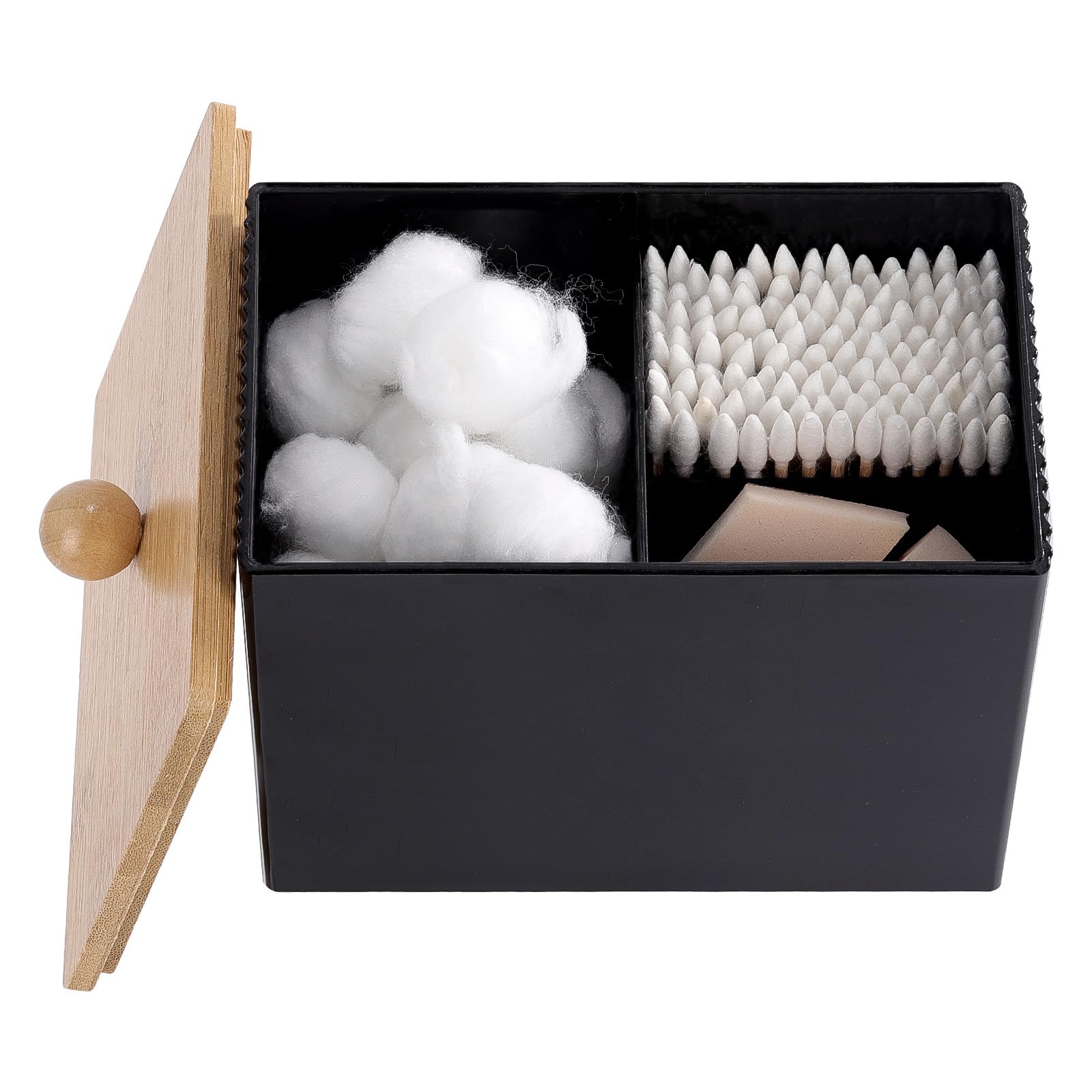 Ohlove Qtip Holder with Bamboo Lids, 3 Compartments Cotton Ball/Swabs Dispenser, Apothecary Jar Plastic Container for Storage an