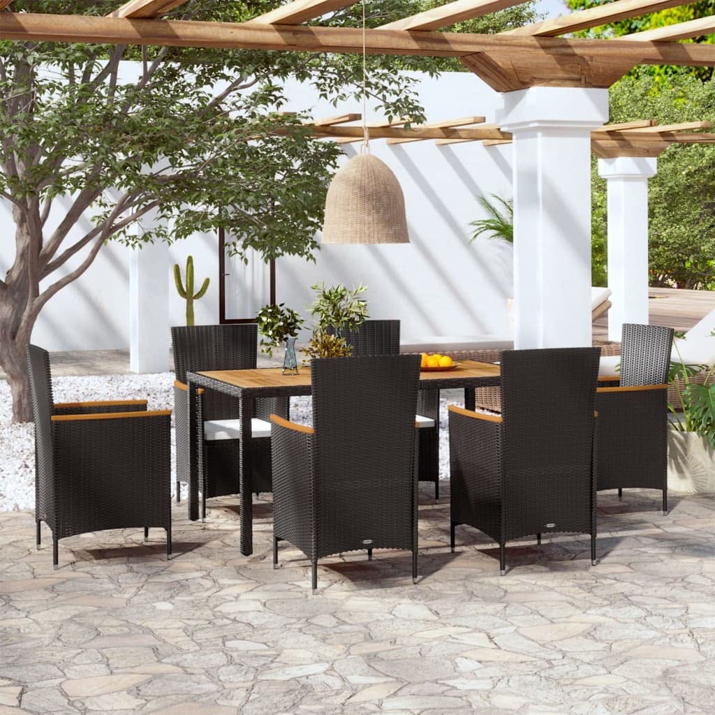 vidaXL 7-Piece Patio Dining Set - Elegant Poly Rattan Furniture with Weatherproof Acacia Wood Table Top & Armrests | Contains Table, 6 Chairs & 6 Seat Cushions | Perfect for Garden or Patio