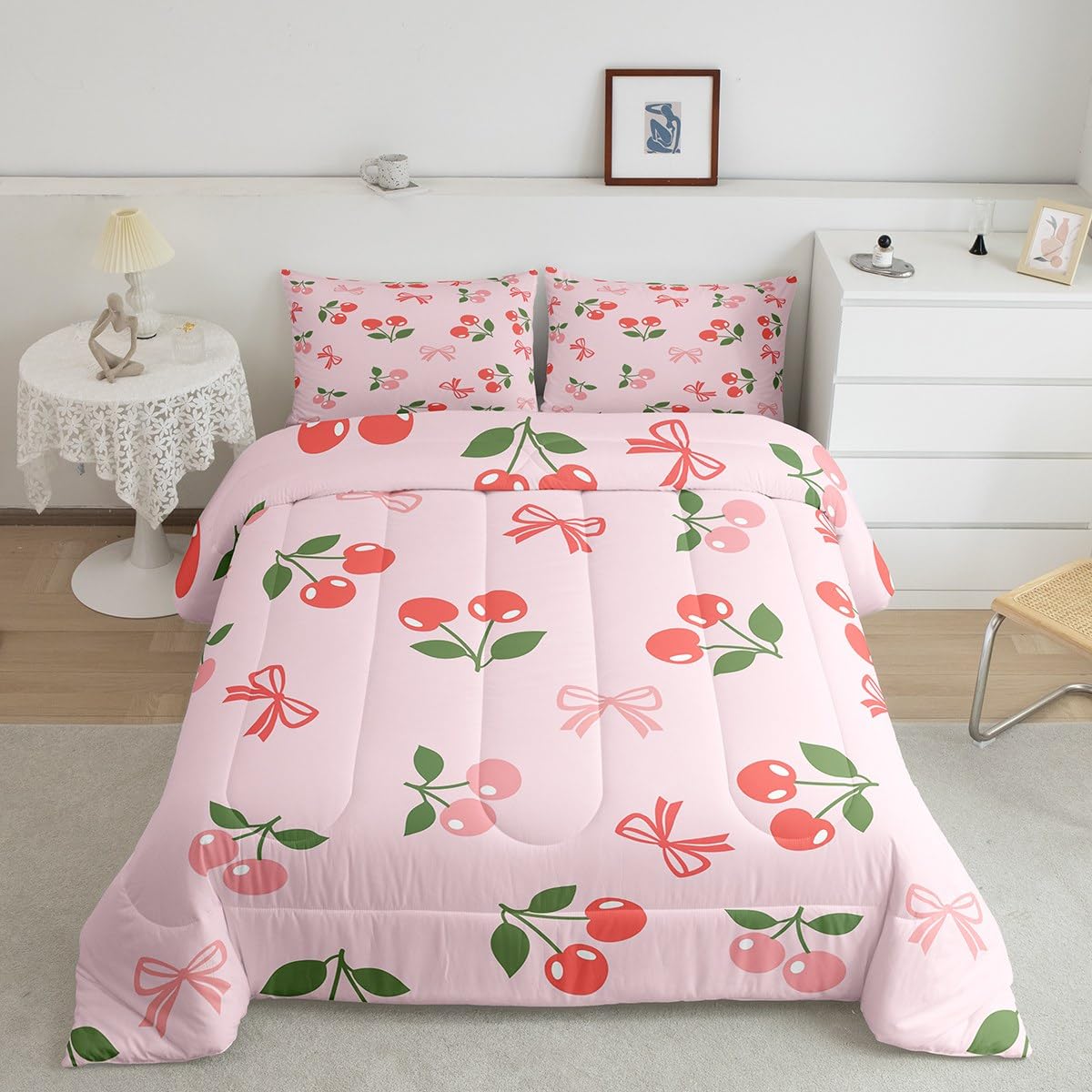 Feelyou Kids Pink Red Cherry Bedding Set Full Size, Pink Bow Print Comforter Set Boys Girls Cute Fruit Comforter Kawaii Cartoon