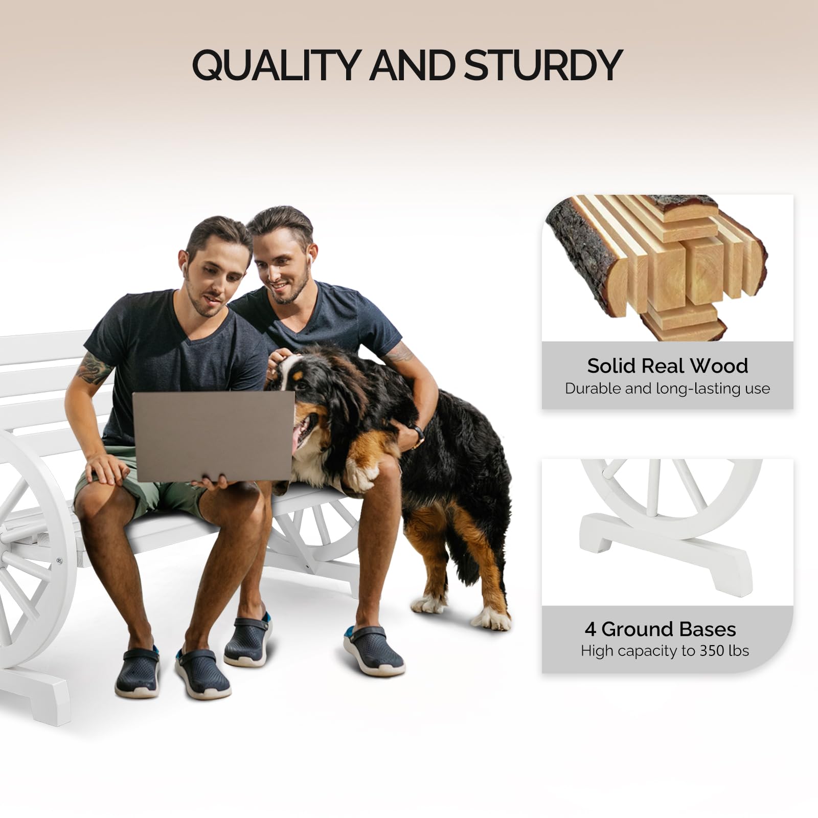 Vingli 55' Rustic Wooden Wheel Bench Outdoor Bench, 2-Person Patio Bench Wagon Slatted Seat, Garden Benches For Outdoors 350Lbs High Capacity, Weather Resistance (White)