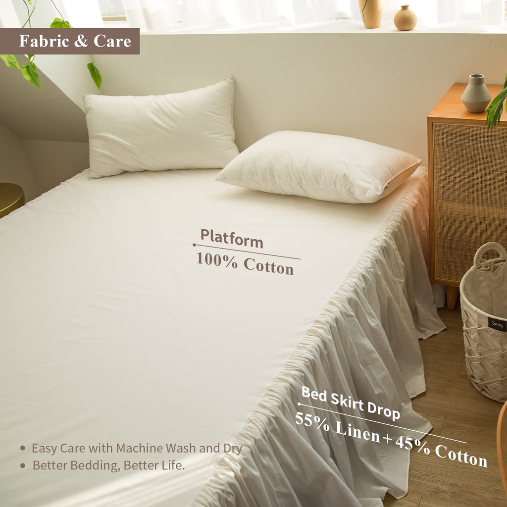 Biselina French Linen Bed Skirt With Pleated Frills 22-Inch Tailored Drop Natural Flax Cotton Blend Dust Ruffle Soft Cozy Farmho