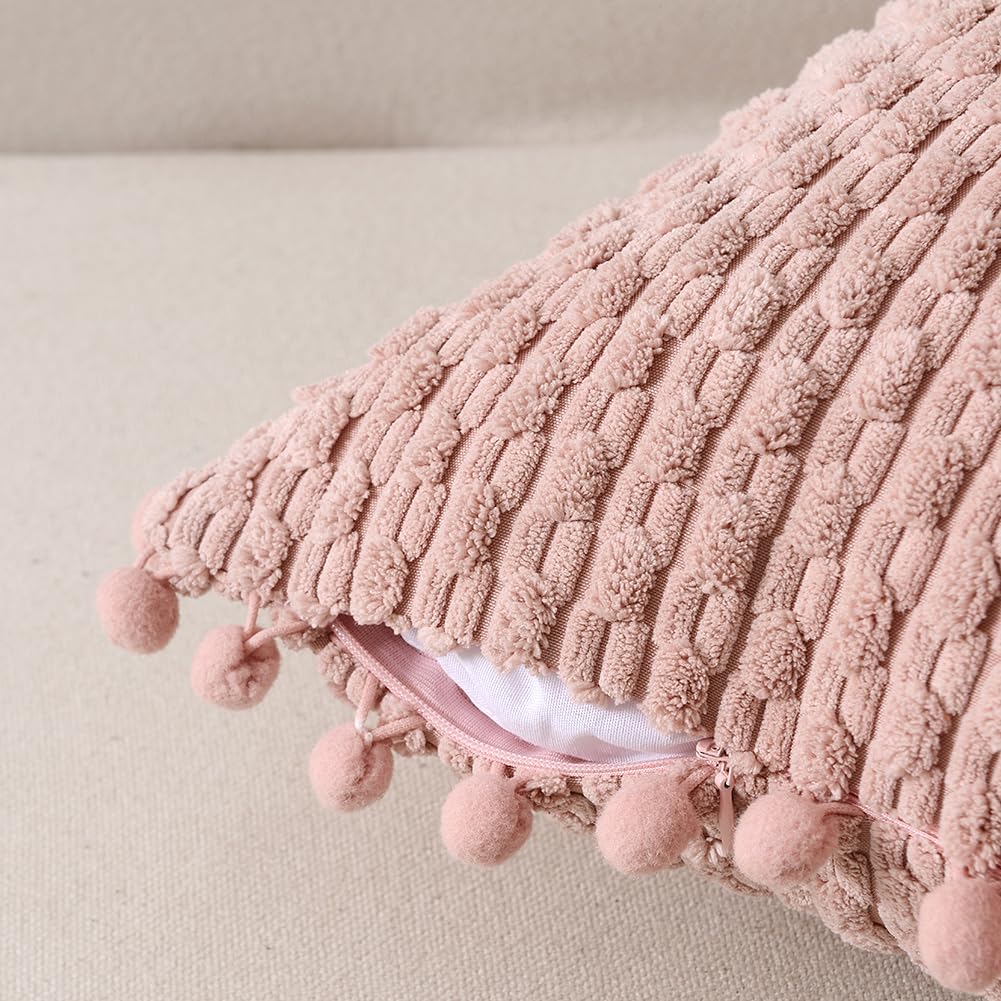 Fancy Homi 2 Packs Dusty Pink Decorative Throw Pillow Covers 18X18 Inch With Pom-Poms For Couch Bedroom Living Room, Farmhouse B