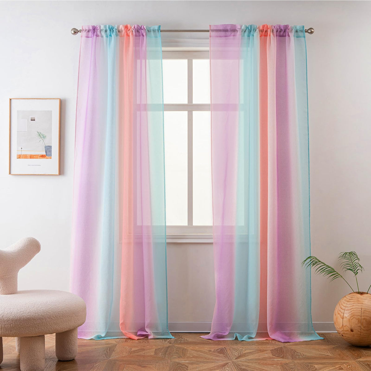 Yancorp Sheer Curtain 2 Panels Semi Bedroom Curtains 84 Inches Length Linen Rainbow Ombre Curtains Rod Pocket Drapes Girls Livin